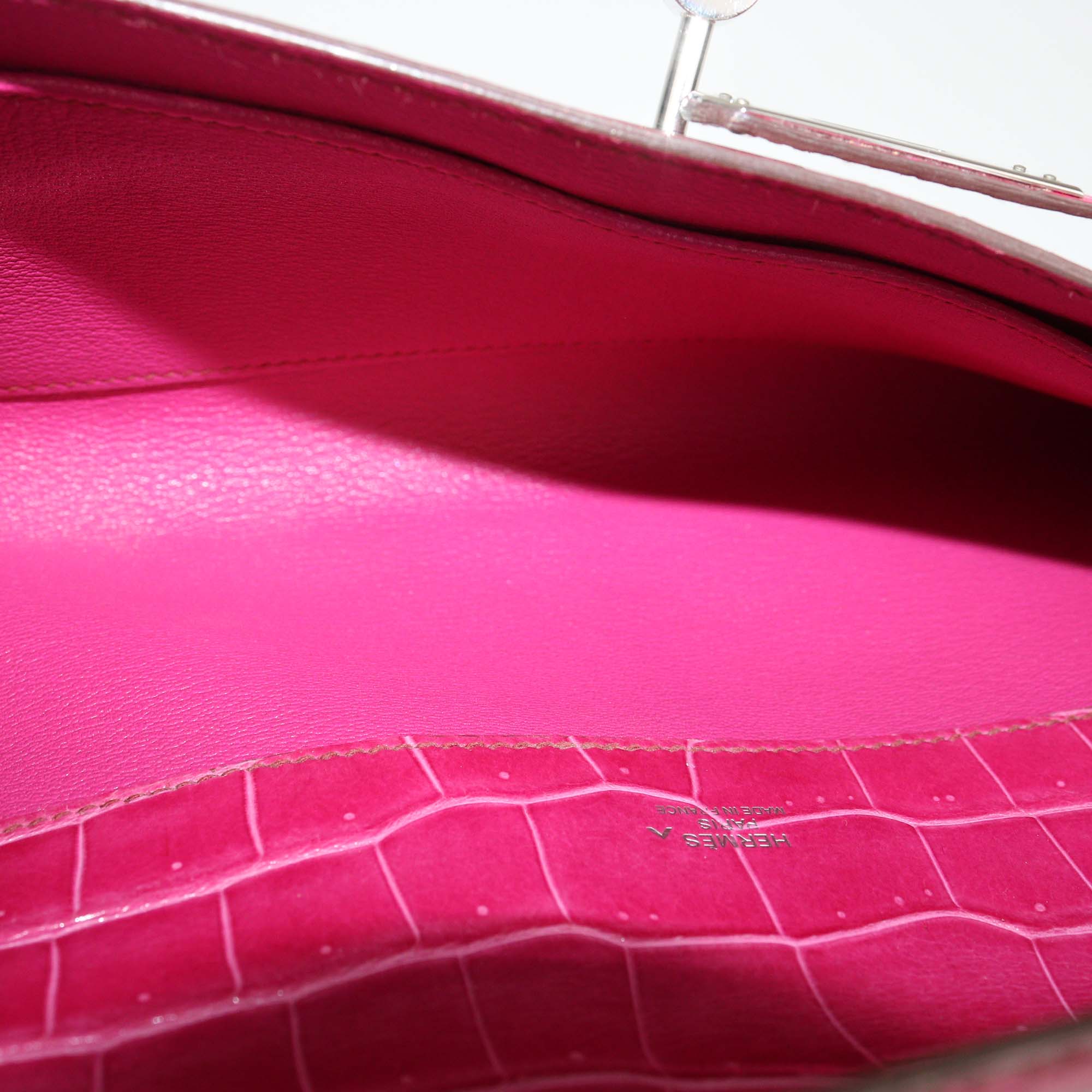 Hermes Rose Tyrien Crocodile Porosus Kelly Cut Clutch