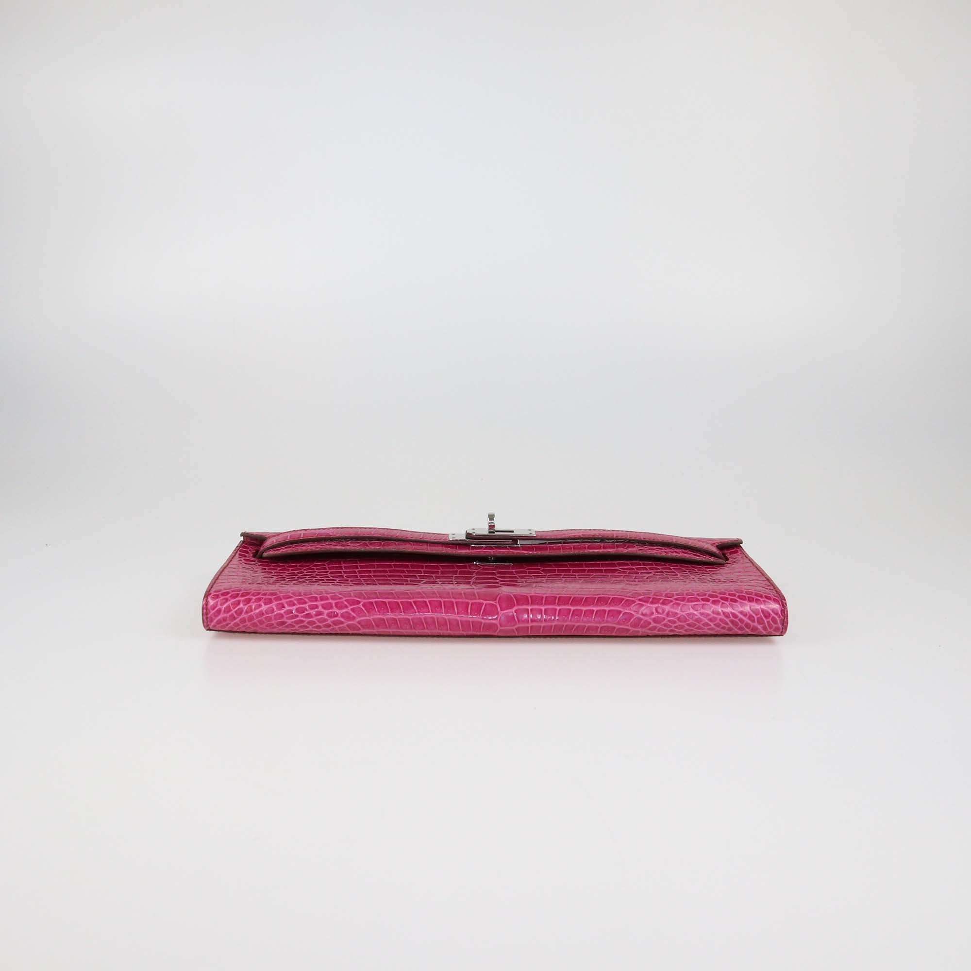 Hermes Rose Tyrien Crocodile Porosus Kelly Cut Clutch