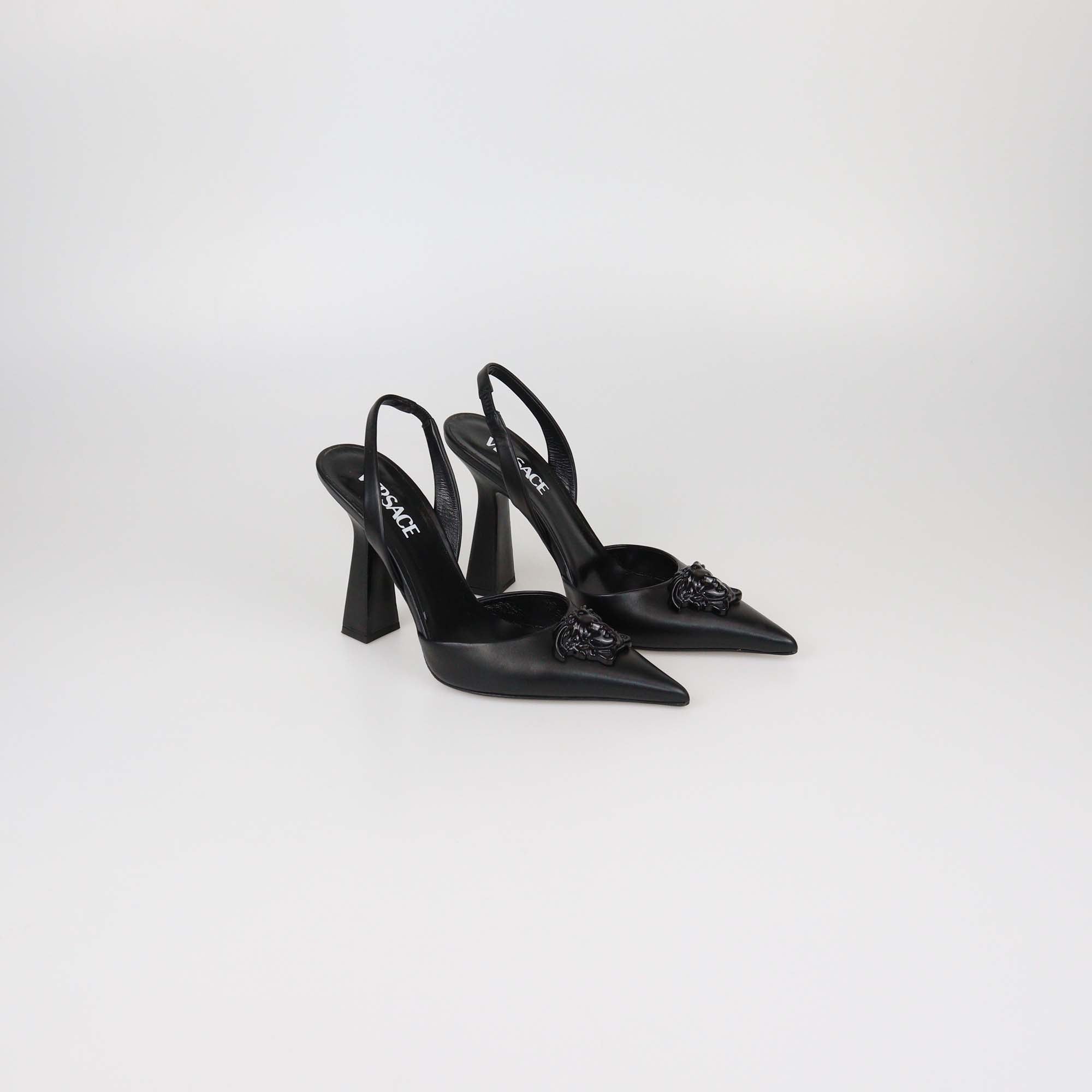 Versace Black Leather La Medusa Slingback Pumps