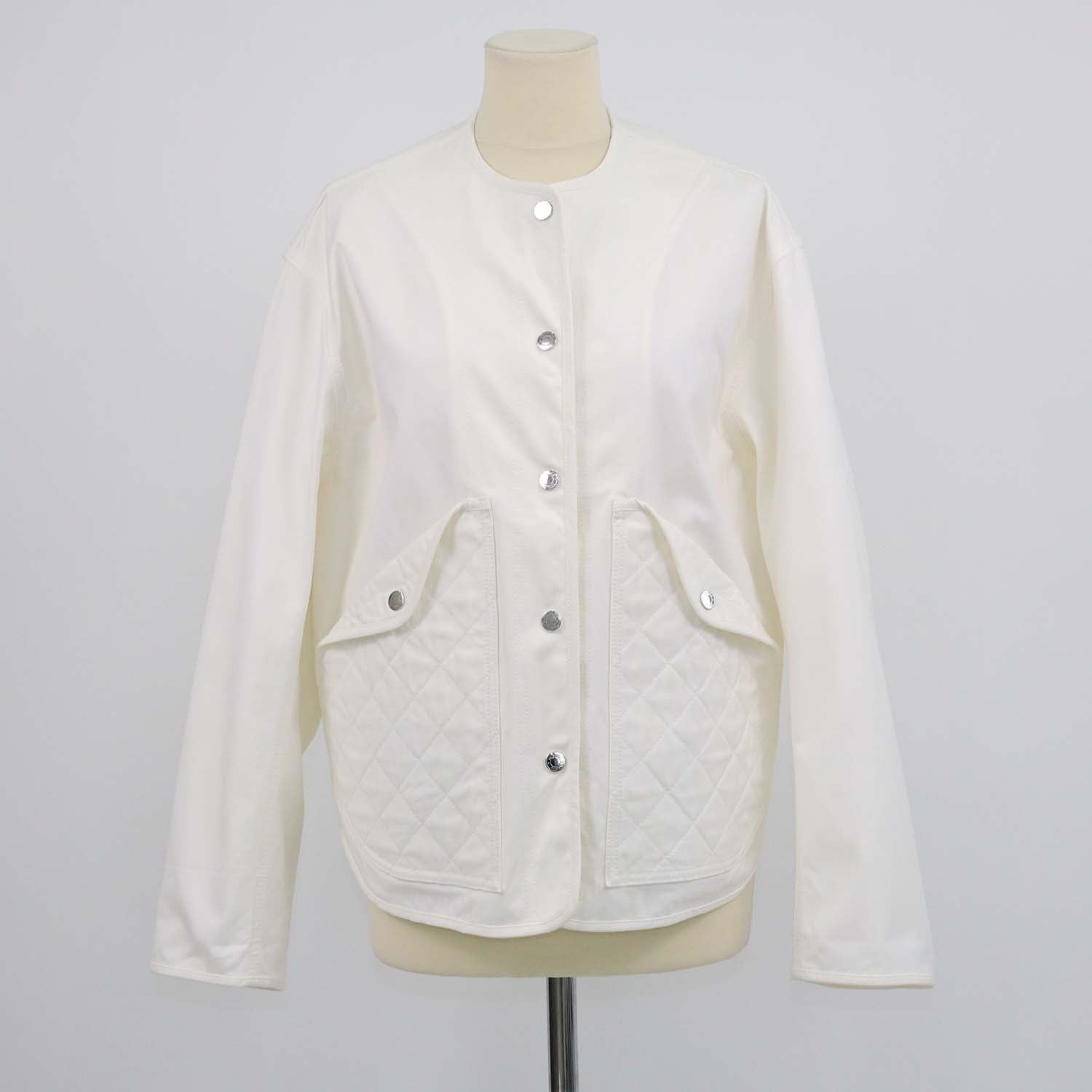 Hermes White Cotton Button Front Sellier Collarless Jacket