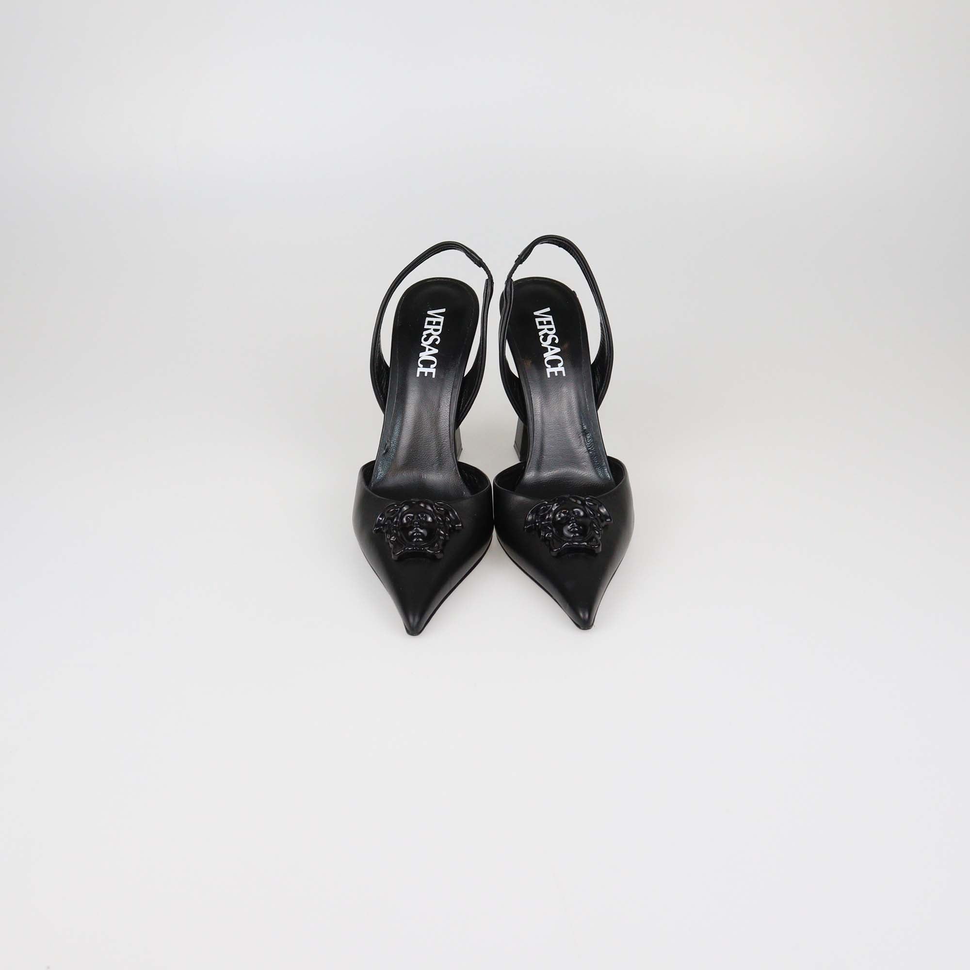 Versace Black Leather La Medusa Slingback Pumps