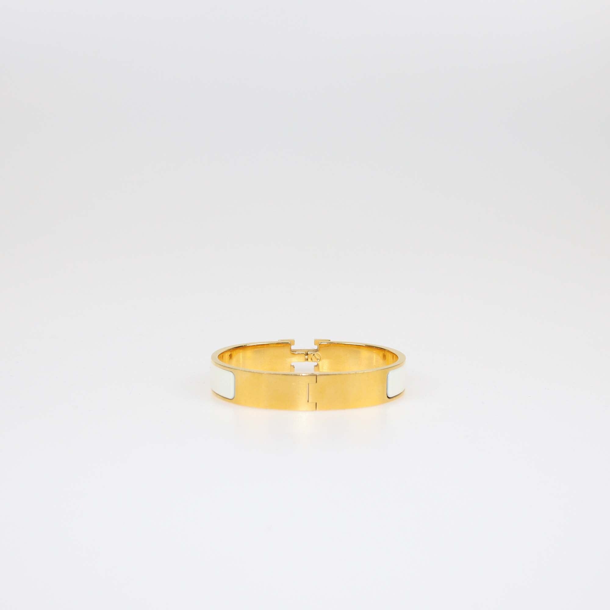 Hermes Clic H White Enamel Yellow Gold Plated Metal Narrow Bracelet Womens Hermes
