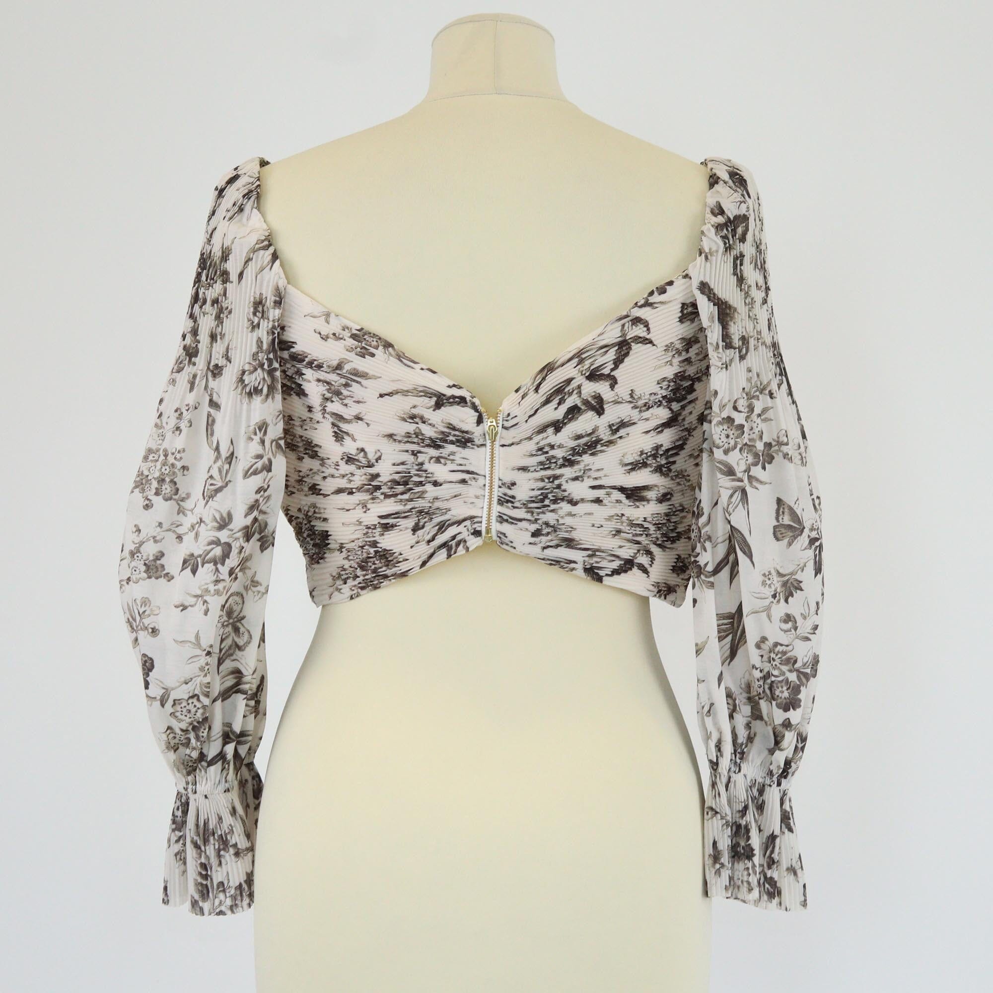 Zimmermann Off White Bird Toile Print Pleated Cropped Bodice Top Womens Zimmermann