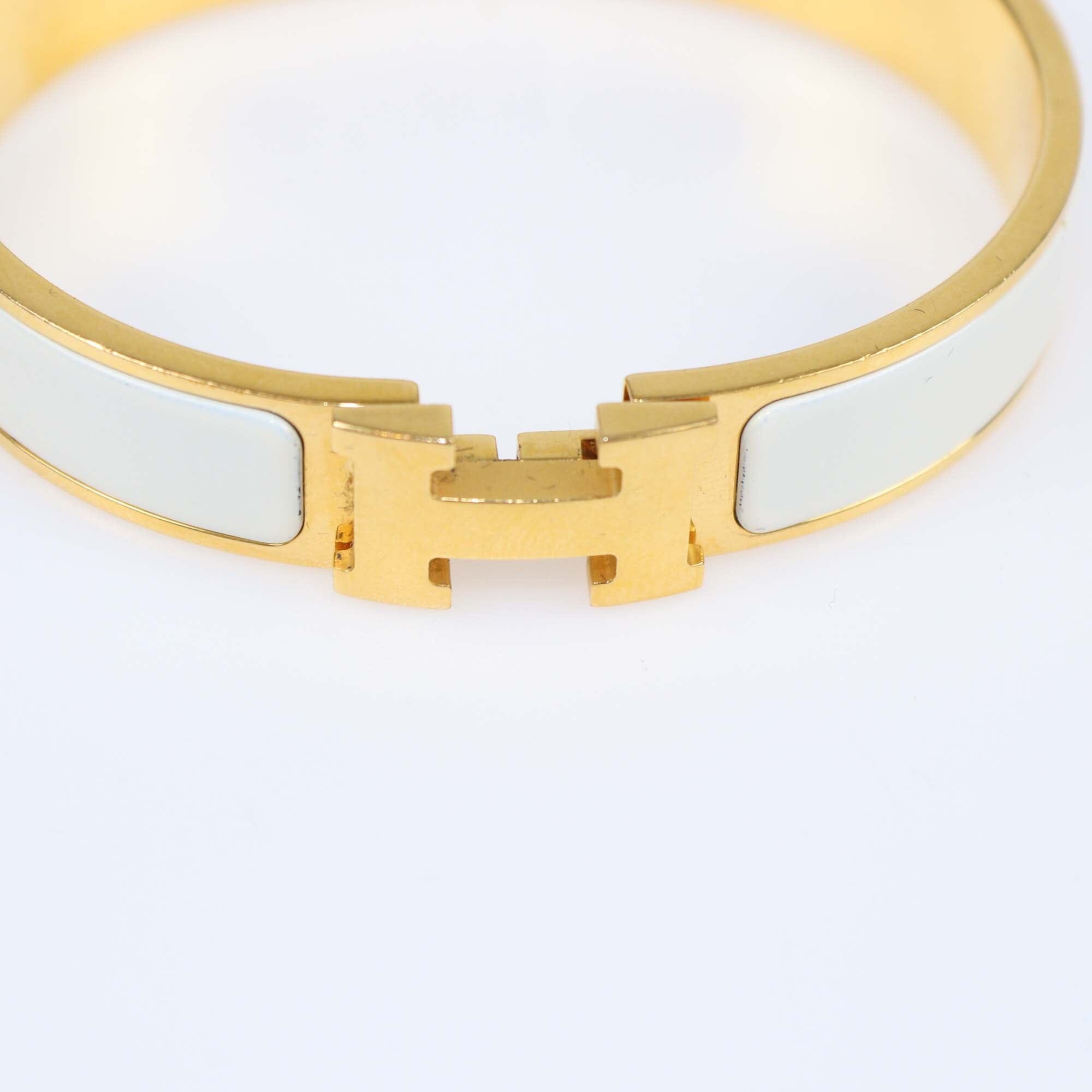 Hermes Clic H White Enamel Yellow Gold Plated Metal Narrow Bracelet Womens Hermes