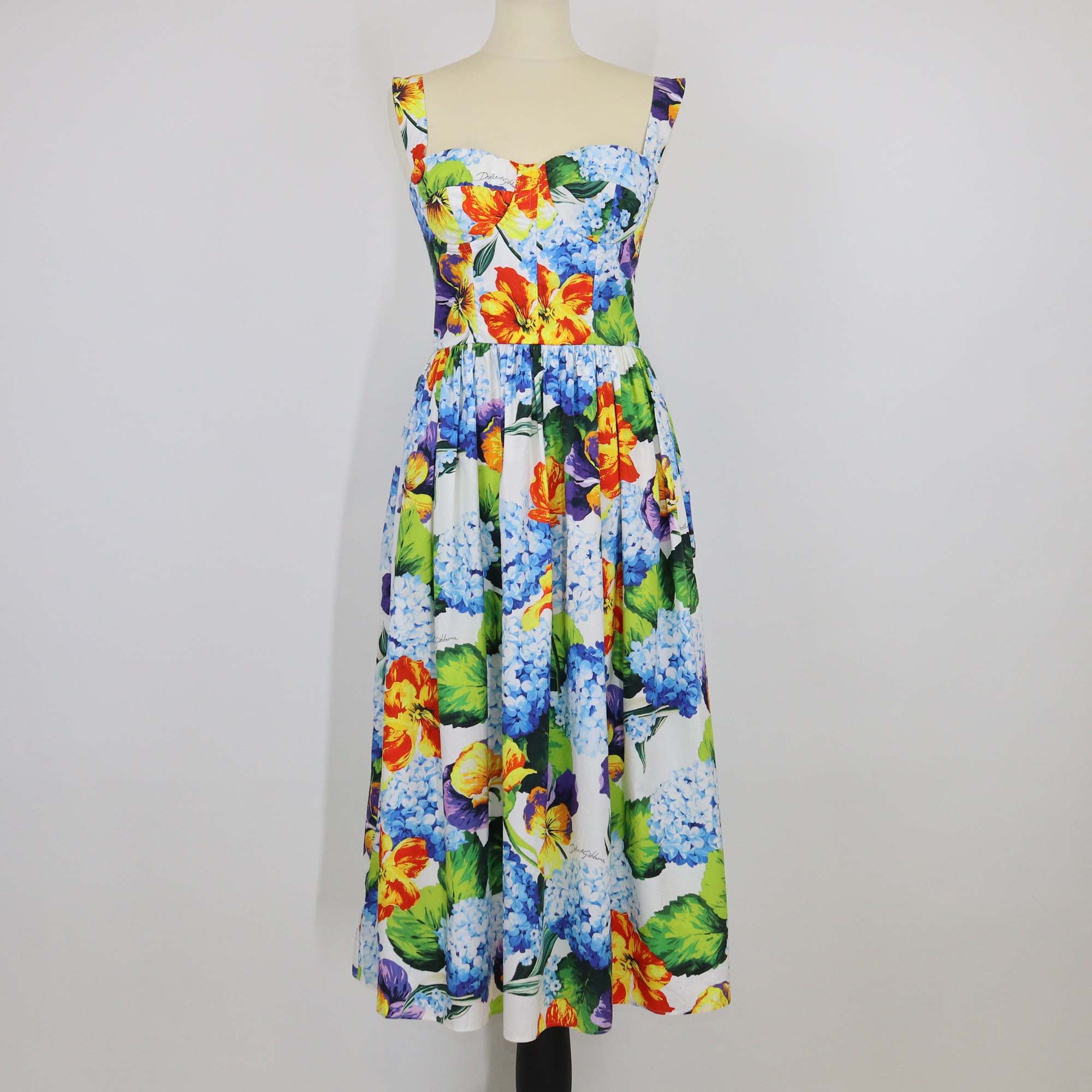 Dolce & Gabbana Multicolor Cotton Floral Print Sleeveless Midi Dress