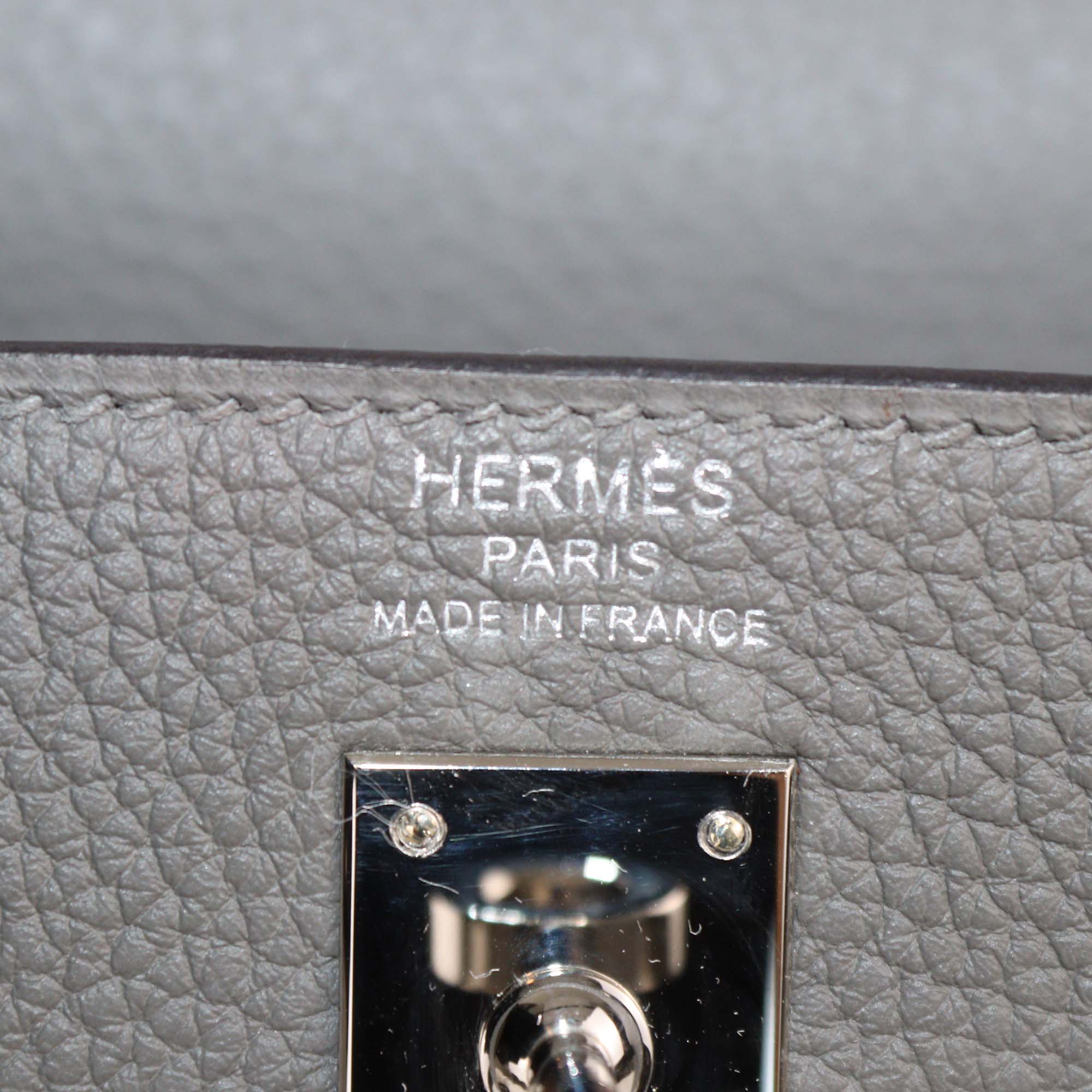 Hermes Gris Meyer Togo Leather Palladium Hardware Kelly Retourne 25 Bag
