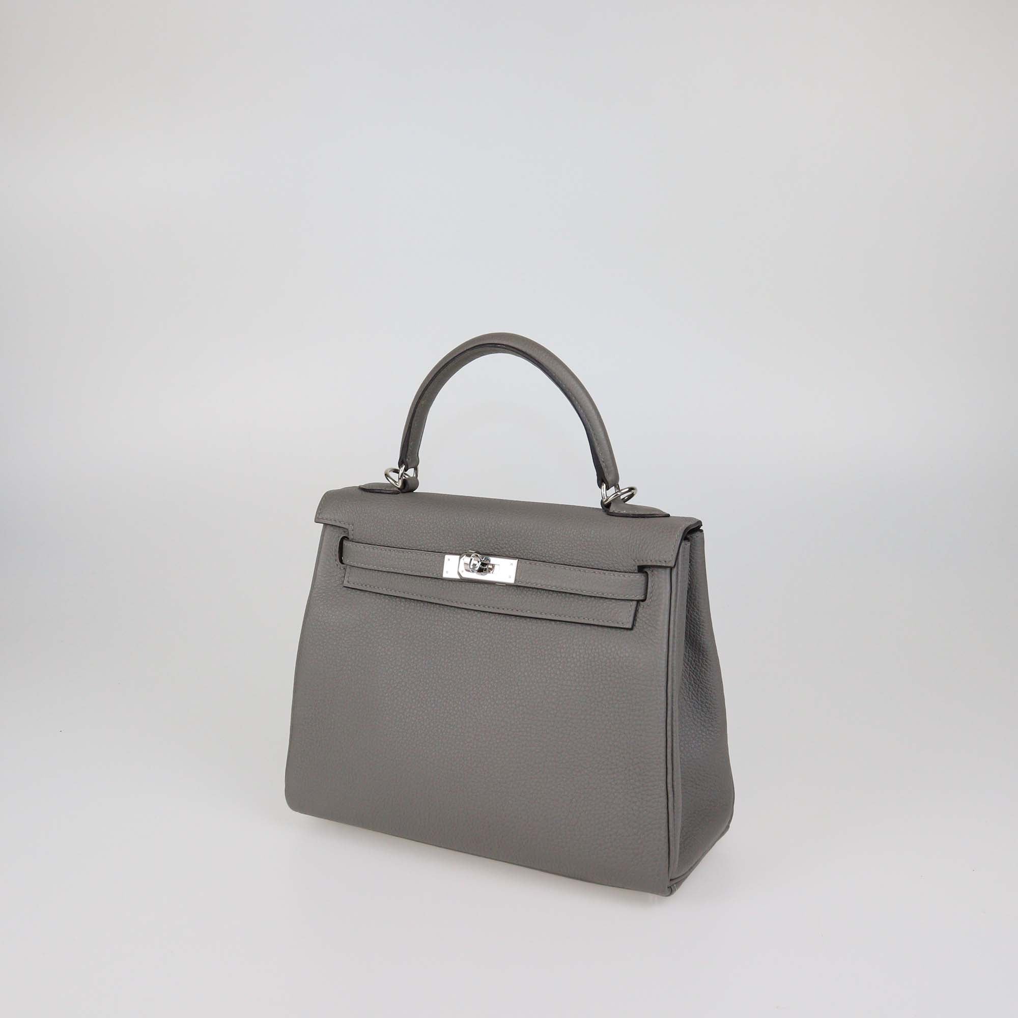 Hermes Gris Meyer Togo Leather Palladium Hardware Kelly Retourne 25 Bag