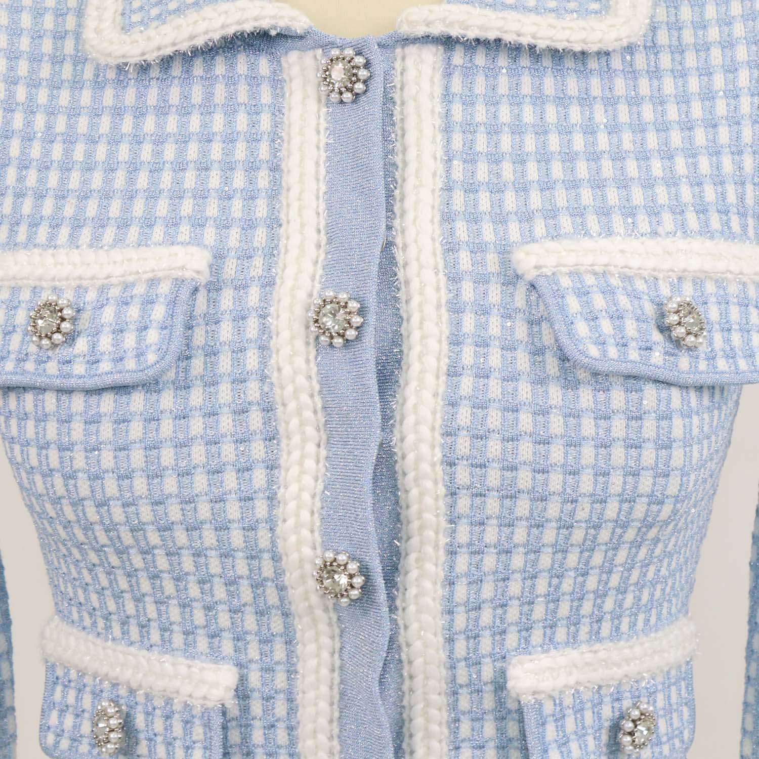 Self-Portrait Blue Lurex Knitted Cropped Cardigan