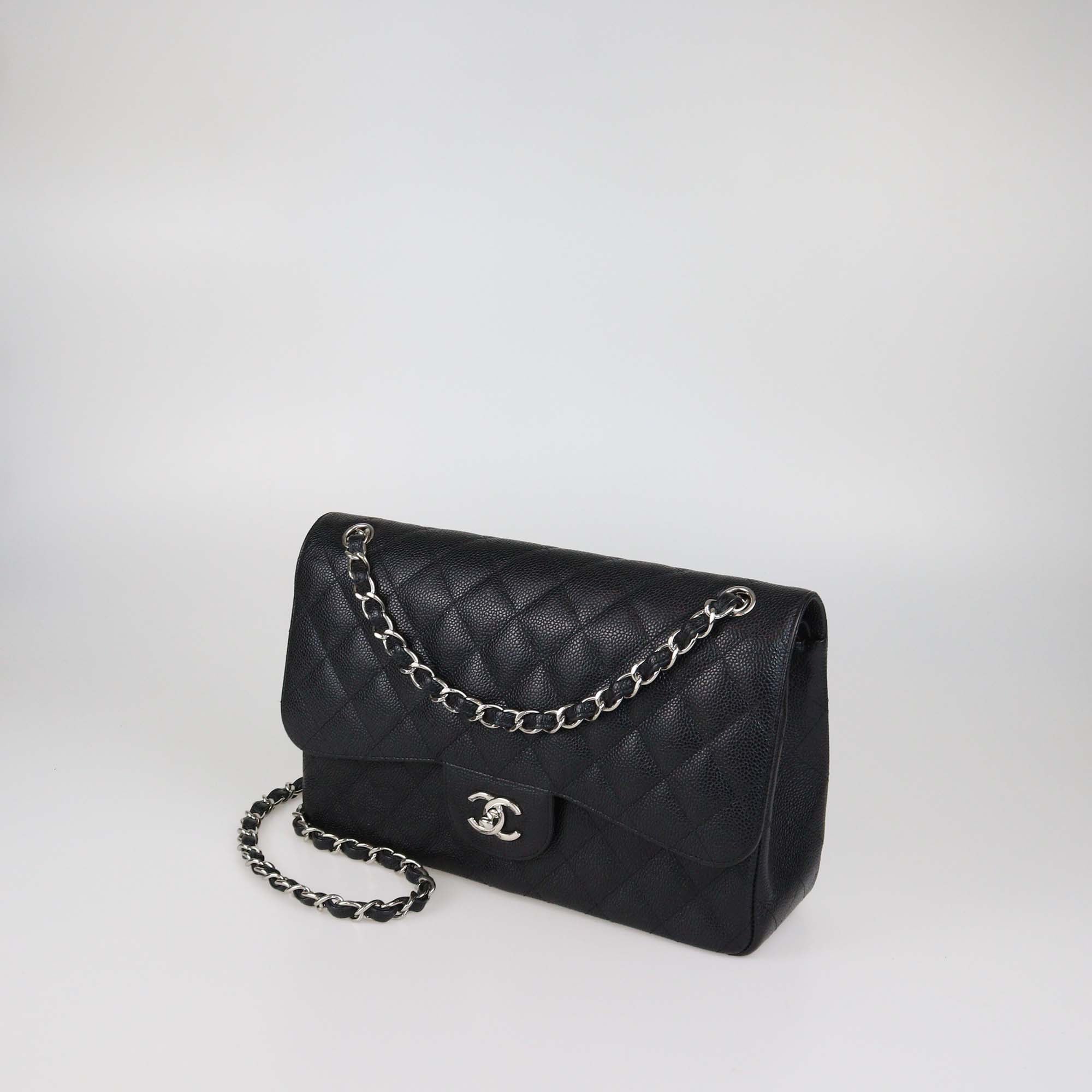 Chanel Black Quilted Caviar Leather Jumbo Classic Double Flap Bag