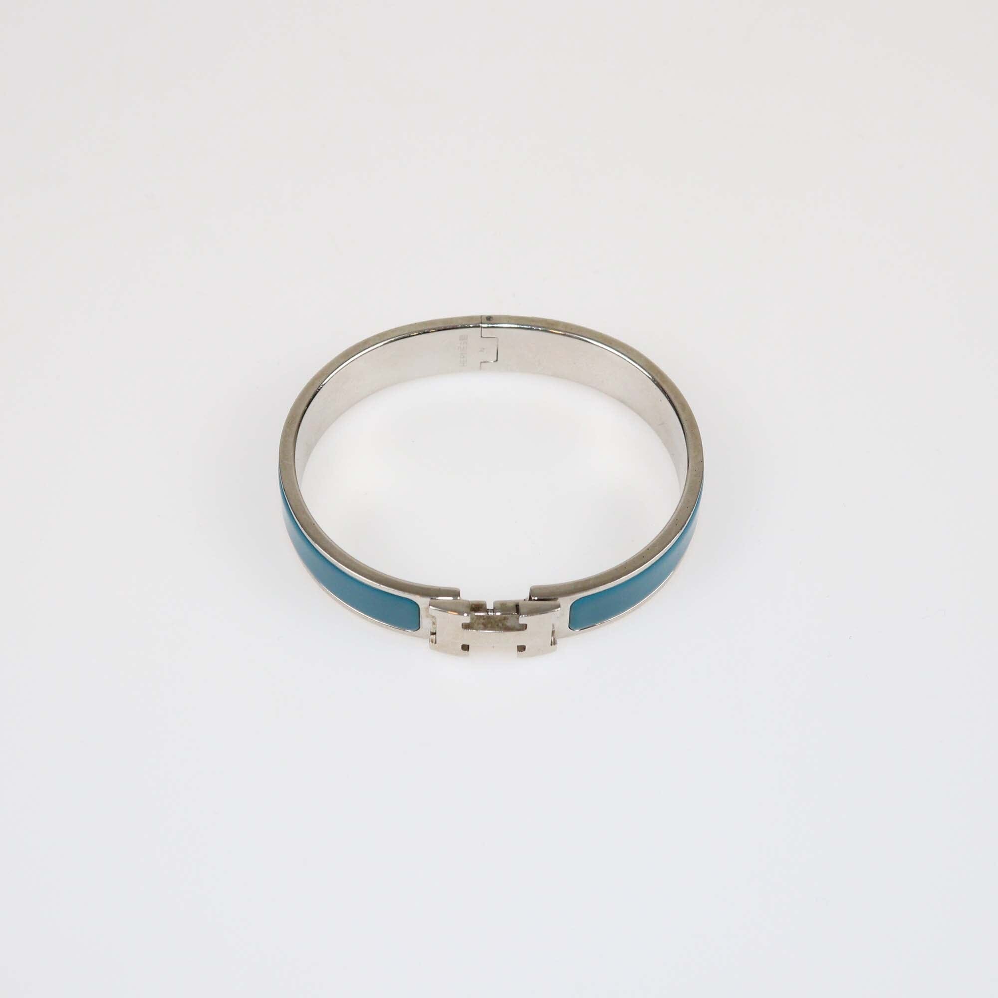Hermes Clic H Blue Turquoise Enamel Palladium Finish Metal Narrow Bracelet Womens Hermes
