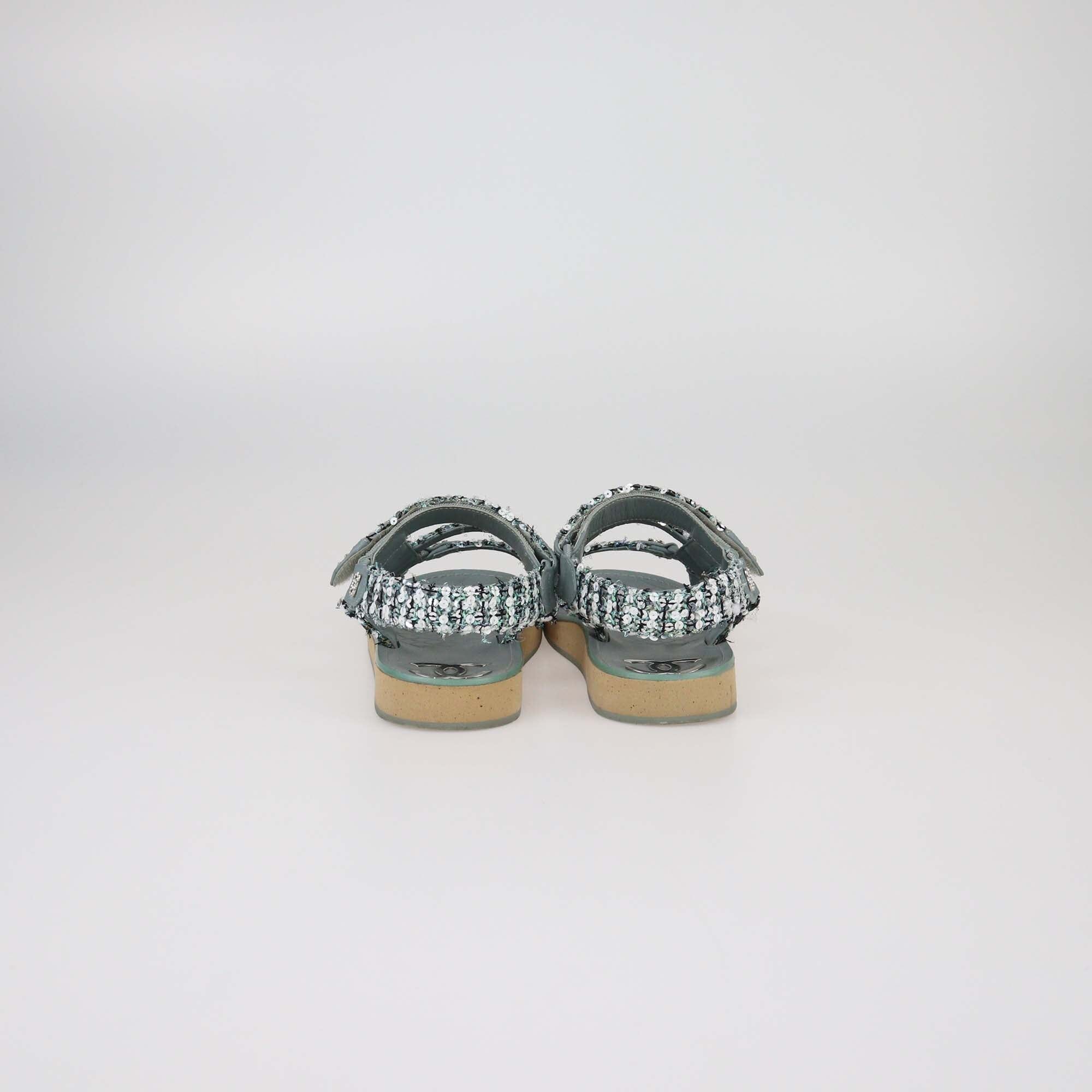 Chanel Green Tweed and Sequins Sandals Womens Chanel