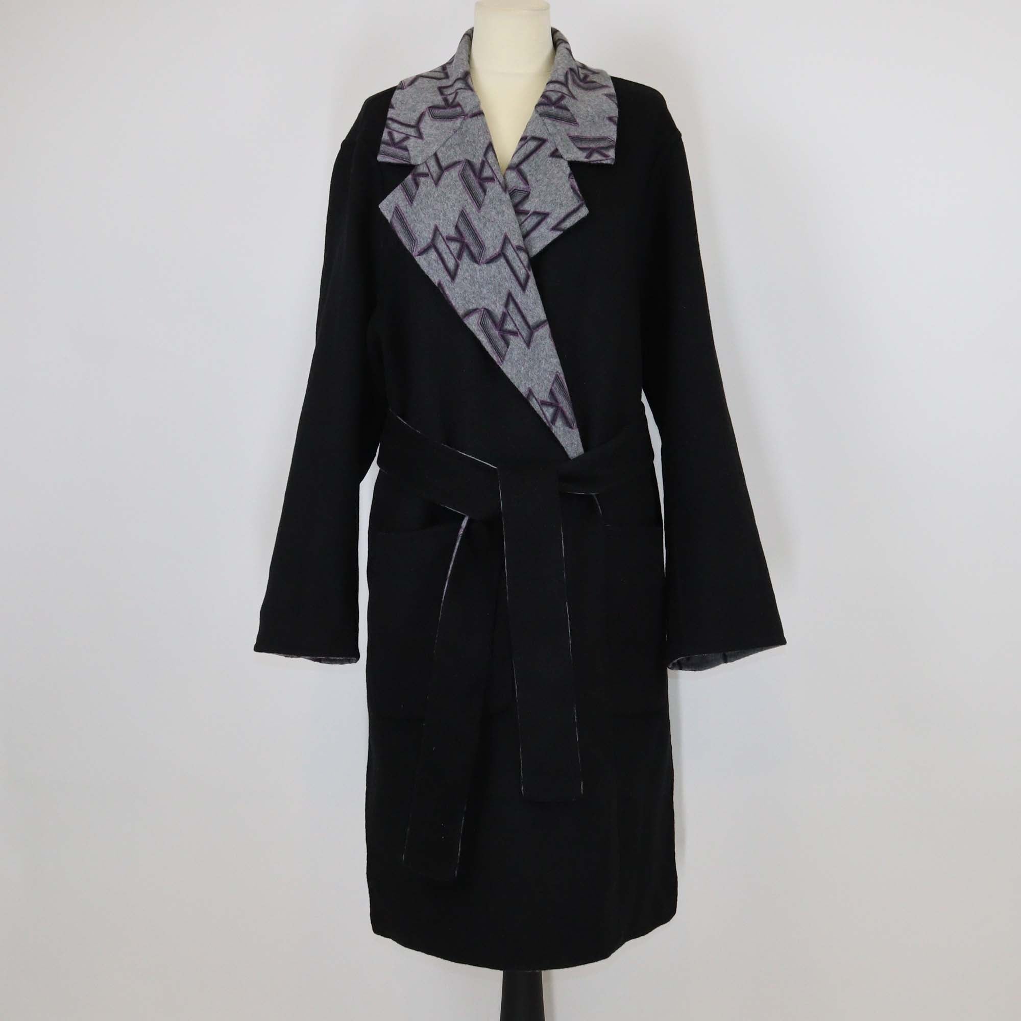 Karl Lagerfeld Grey Monogram Wool Soft Long Coat