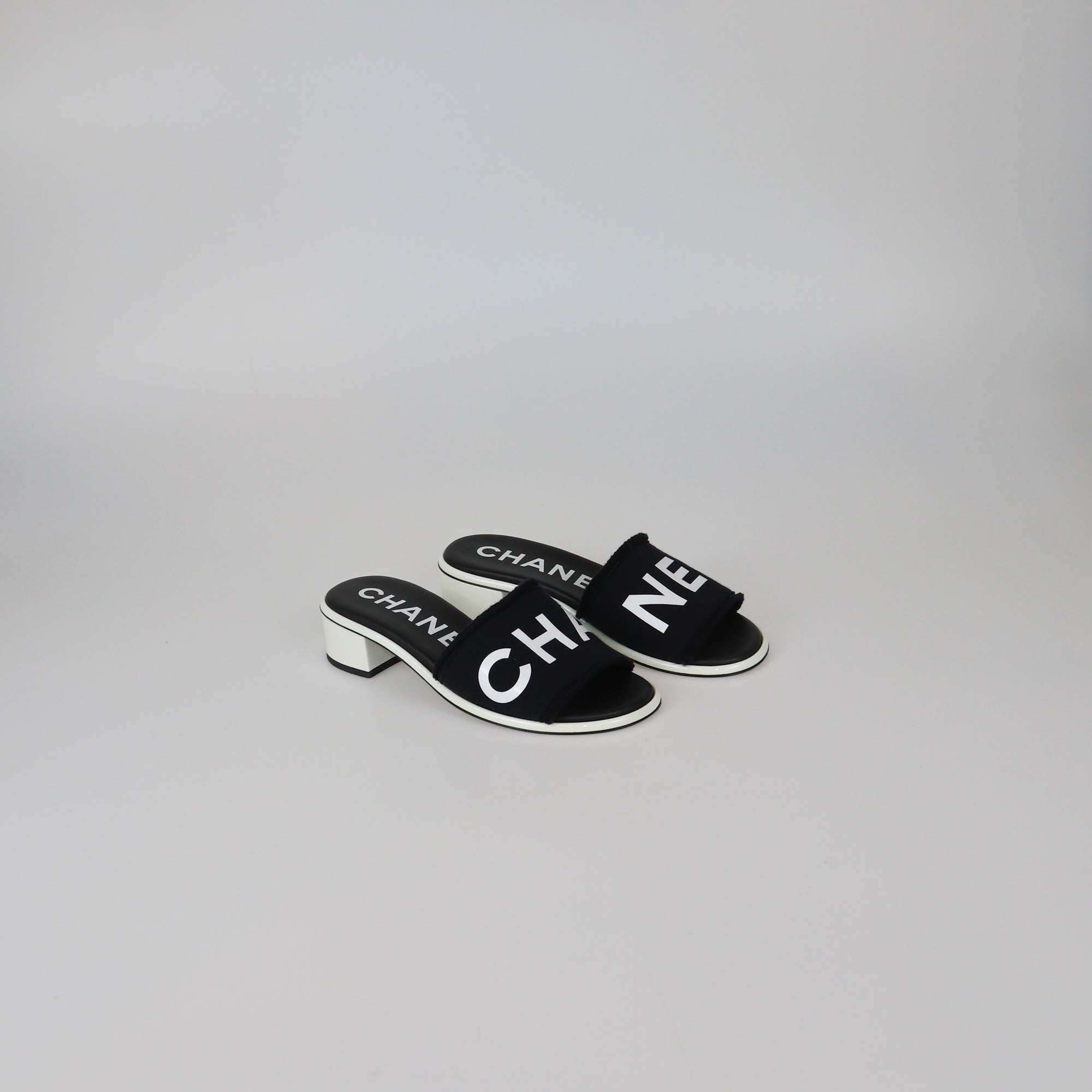 Chanel Black Leather Canvas Logo Print Slide Sandals