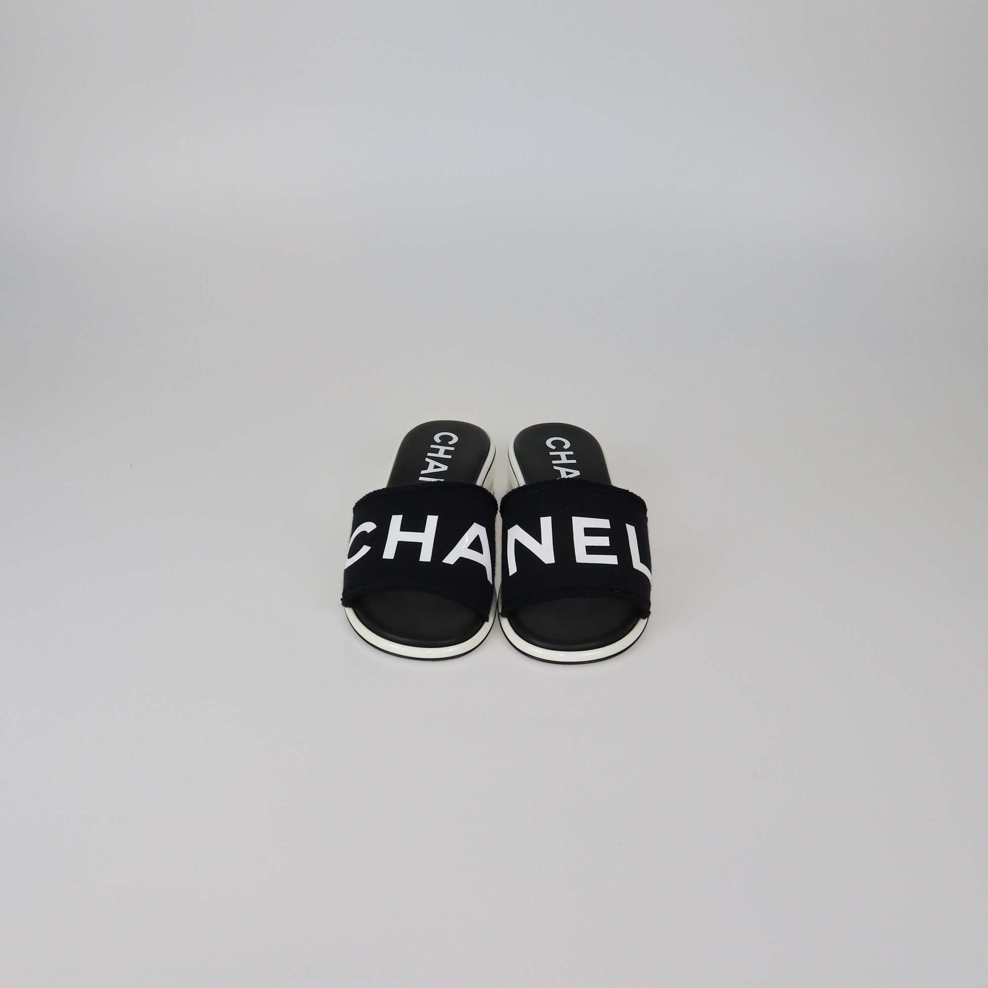 Chanel Black Leather Canvas Logo Print Slide Sandals