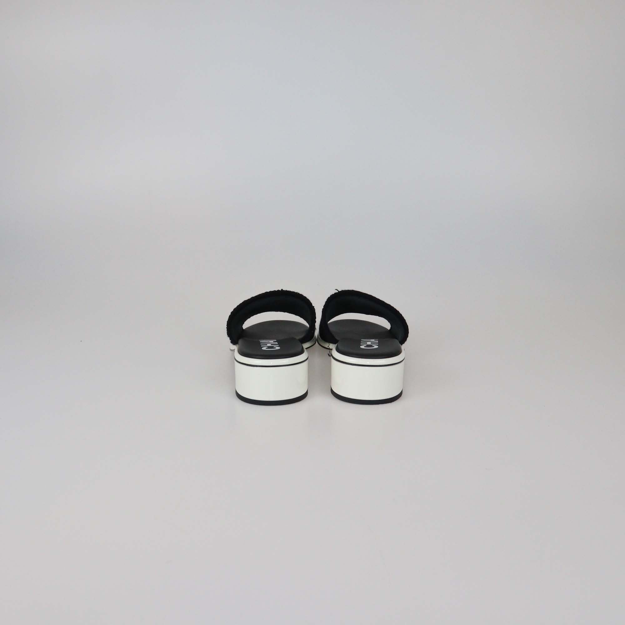 Chanel Black Leather Canvas Logo Print Slide Sandals