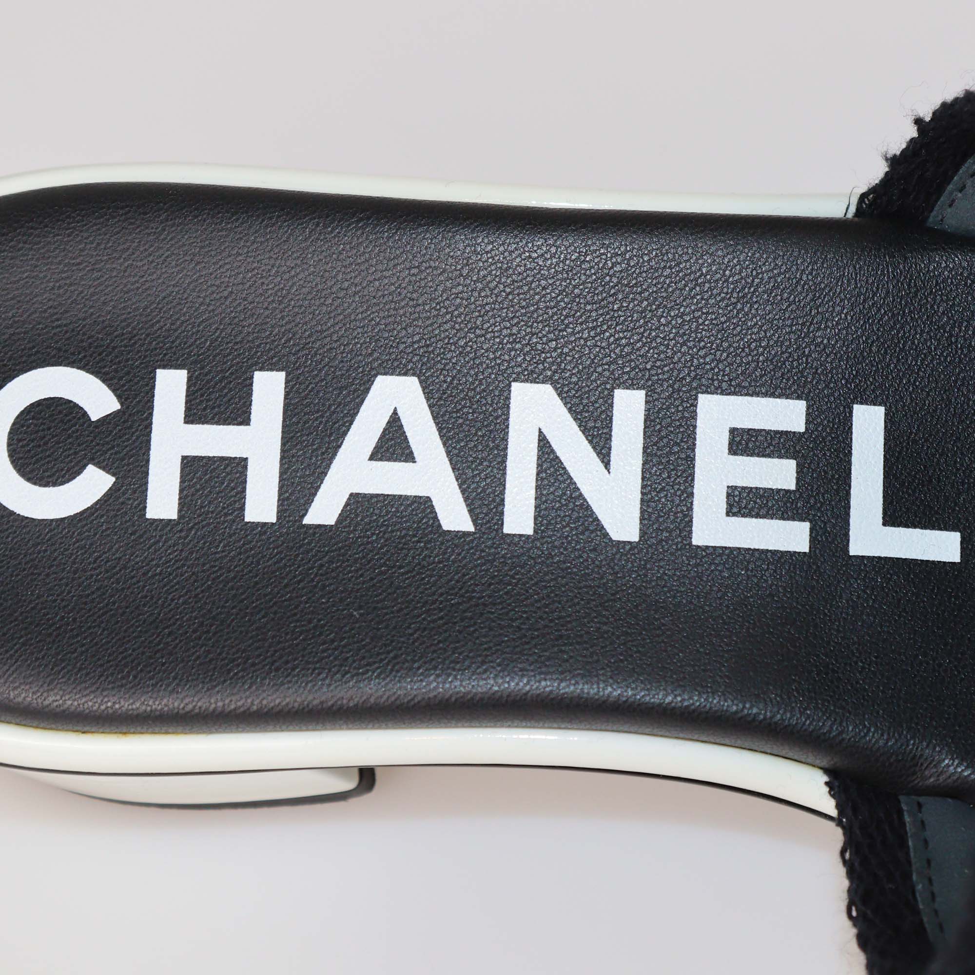 Chanel Black Leather Canvas Logo Print Slide Sandals