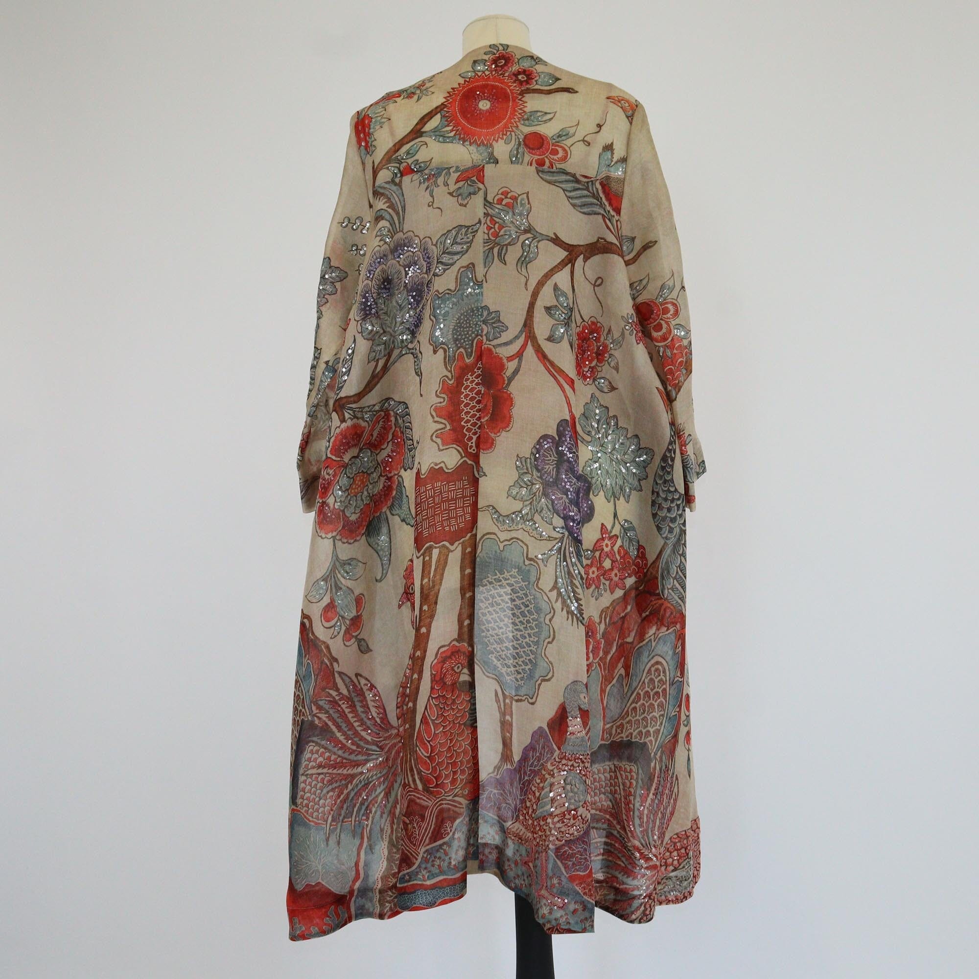 Biyan Multicolor Sequins Floral & Peacock Print Long Cape Womens Biyan