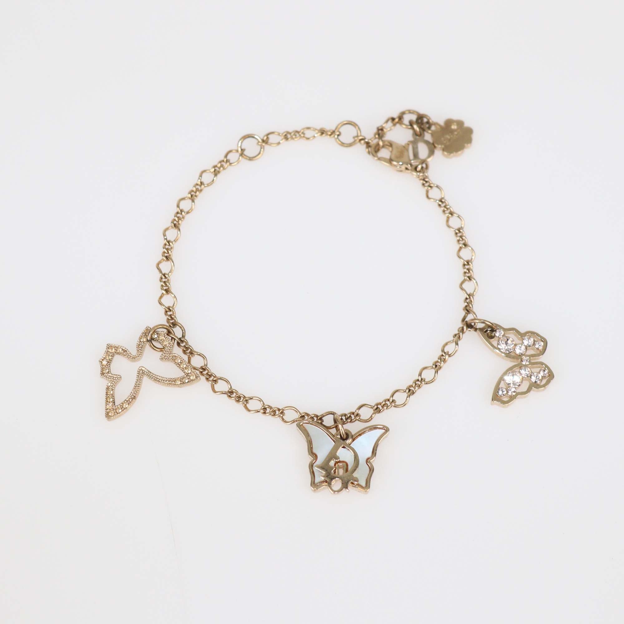 Dior Gold Tone Mother Of Pearl Butterfly Charm Bracelet
