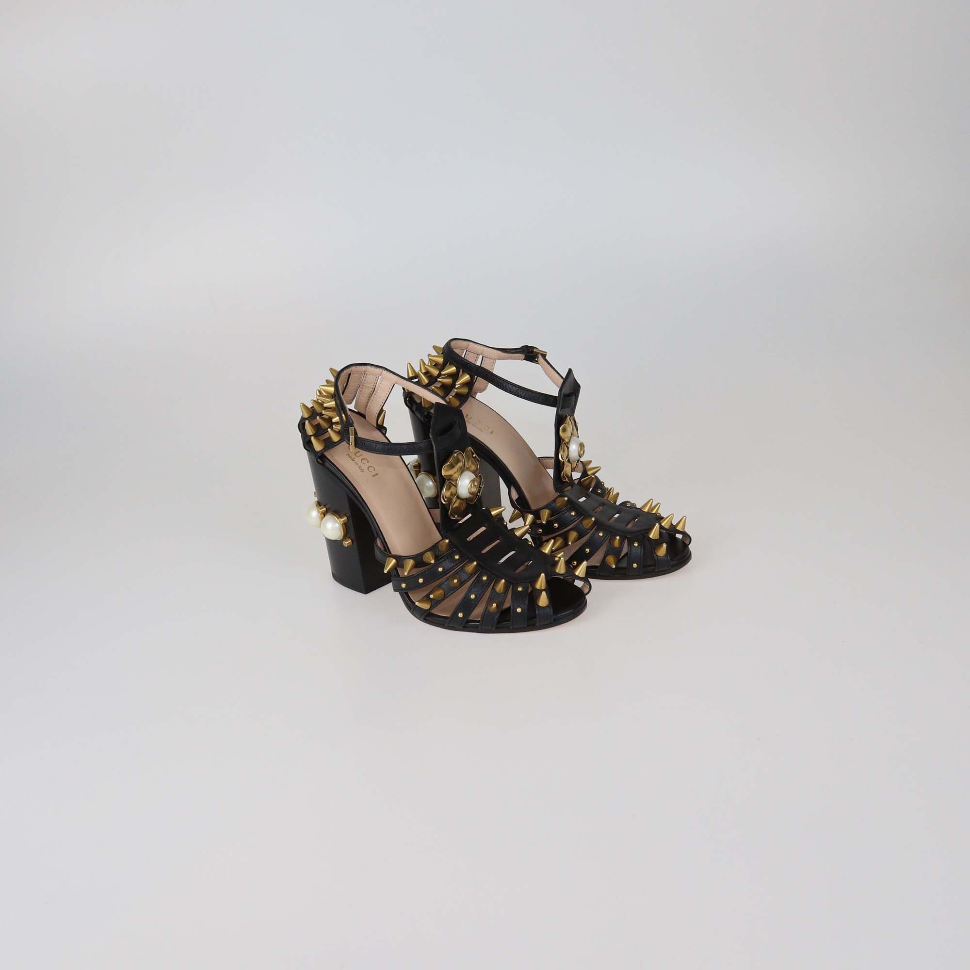 Gucci Black Leather Spiked Embellished Kendall Ankle Strap Sandals