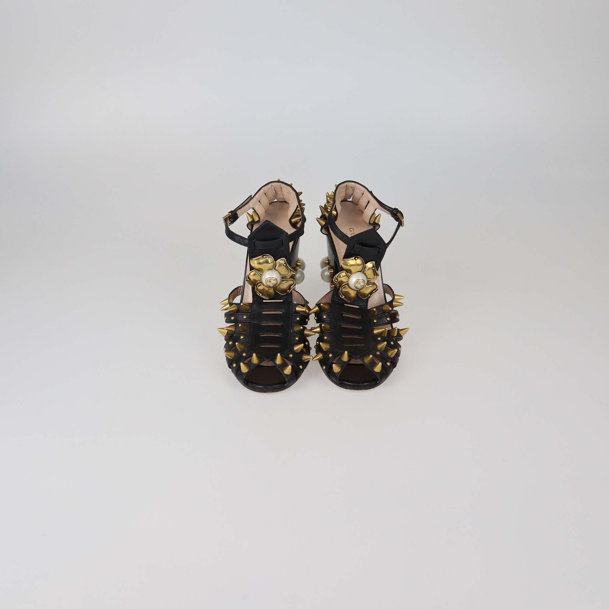 Gucci Black Leather Spiked Embellished Kendall Ankle Strap Sandals