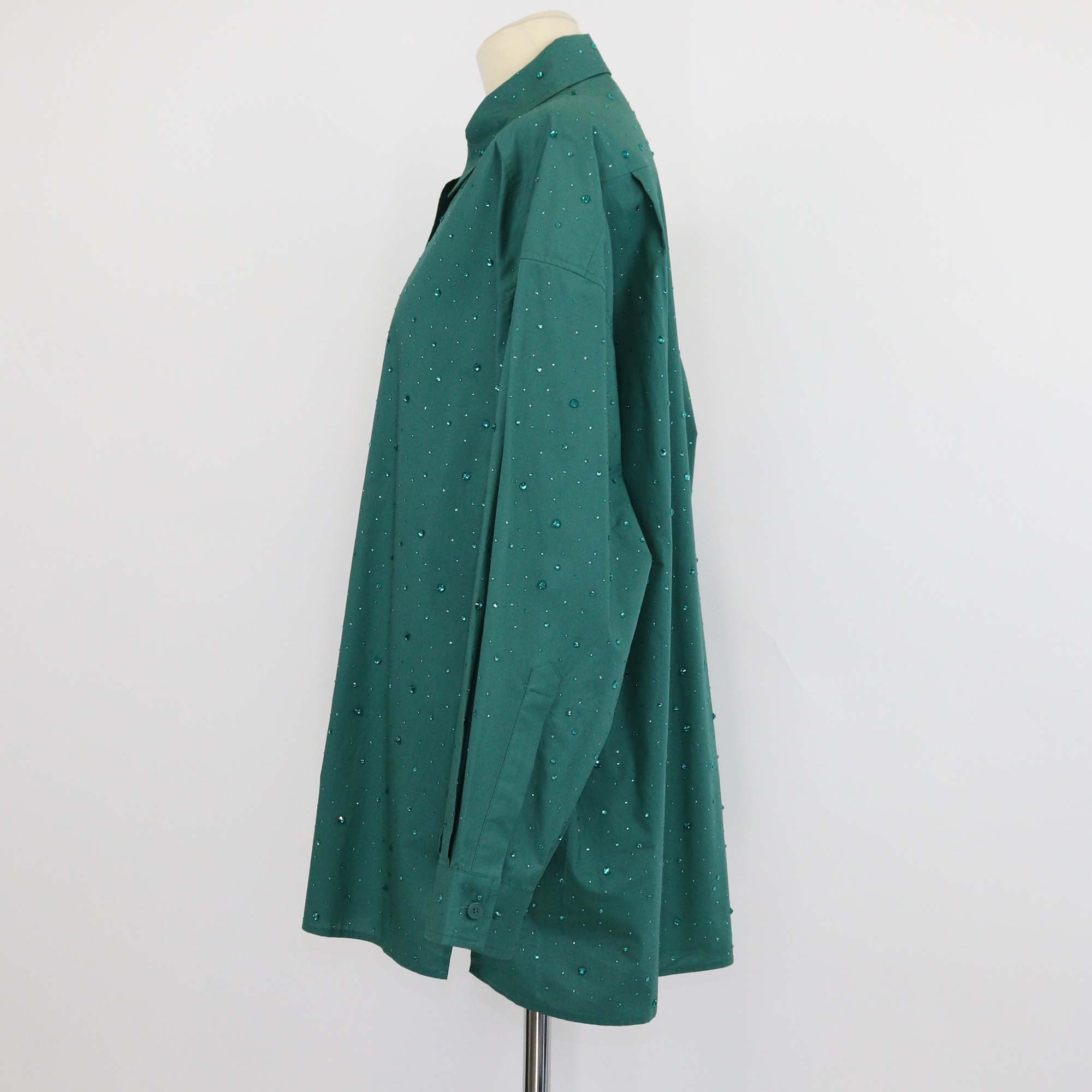 Sandro Green Cotton Argentine Rhinestone Embellished Button Up Long Sleeve Shirt