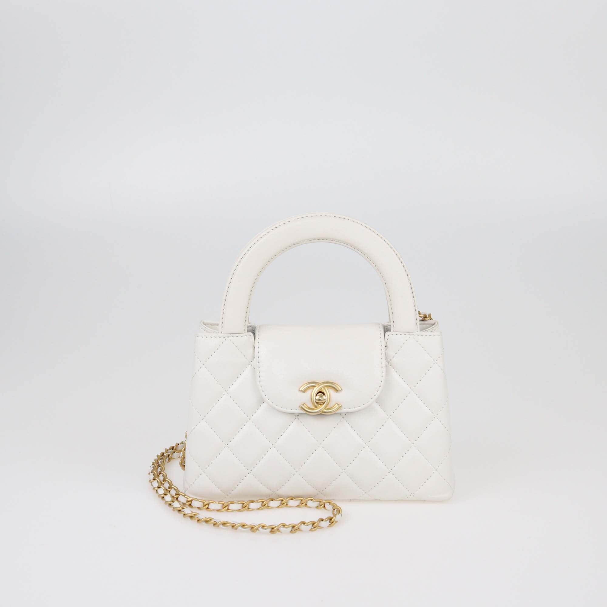 Chanel White Leather Quilted Mini Kelly Top Handle Bag Womens Chanel