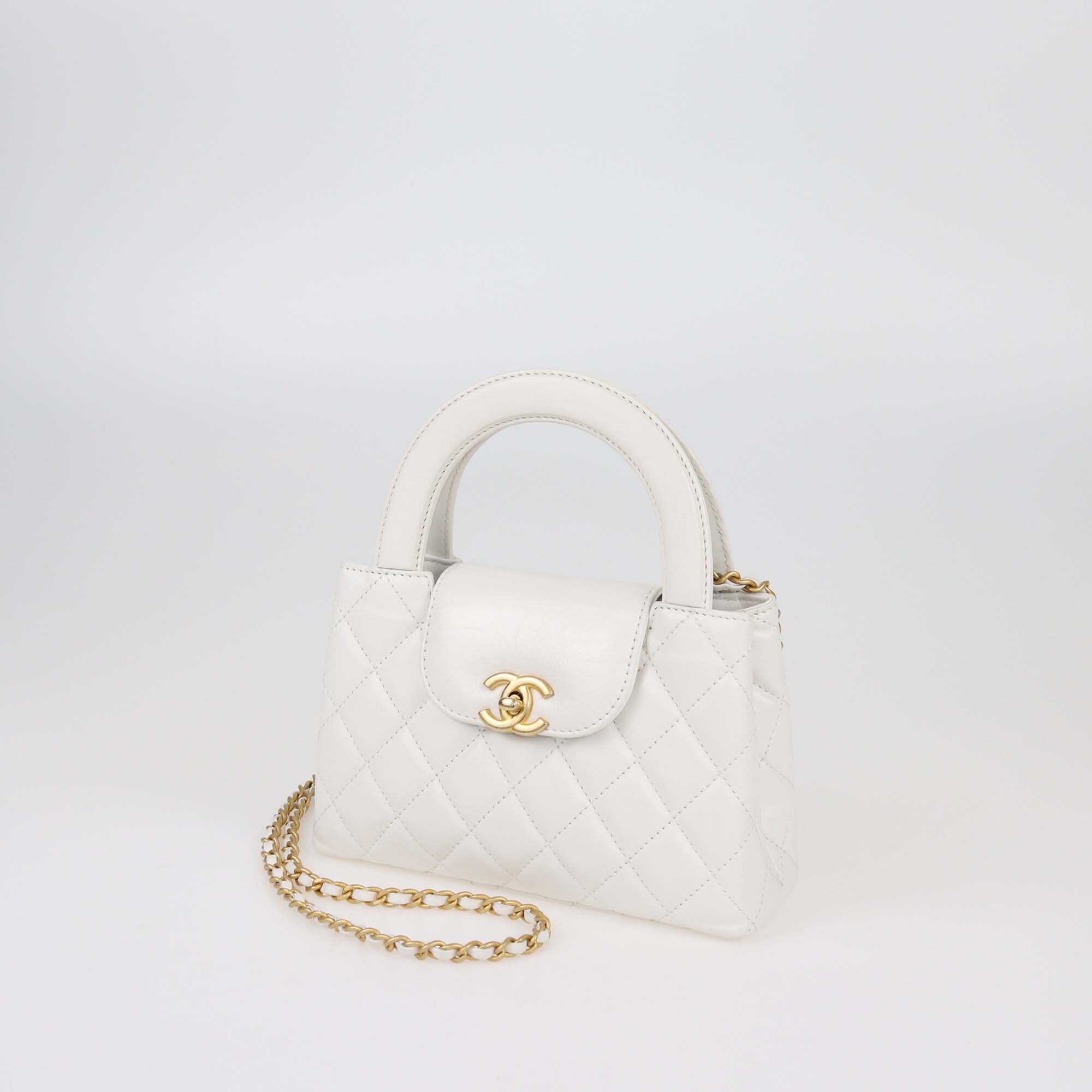 Chanel White Leather Quilted Mini Kelly Top Handle Bag Womens Chanel