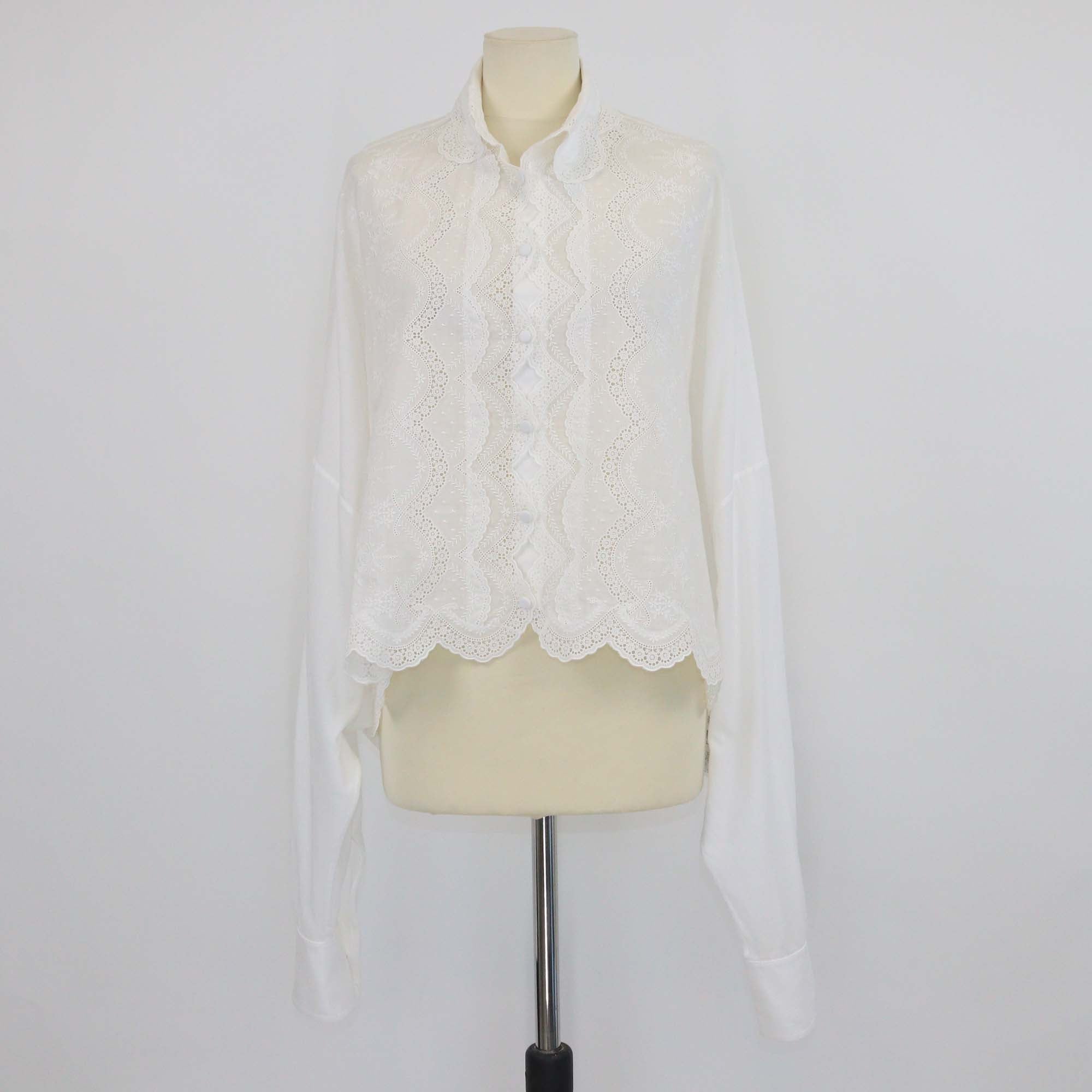 Ermanno Scervino White Cotton Embroidered Lace Cropped Long Sleeve Shirt