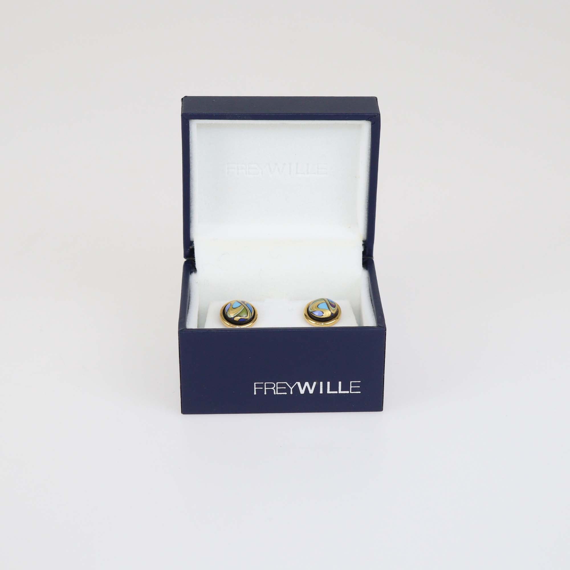 Frey Wille Hommage à Alphonse Mucha Sarah Bernhardt Aquamarin Gold Plated Fire Enamel Cabuchon Stud Earrings