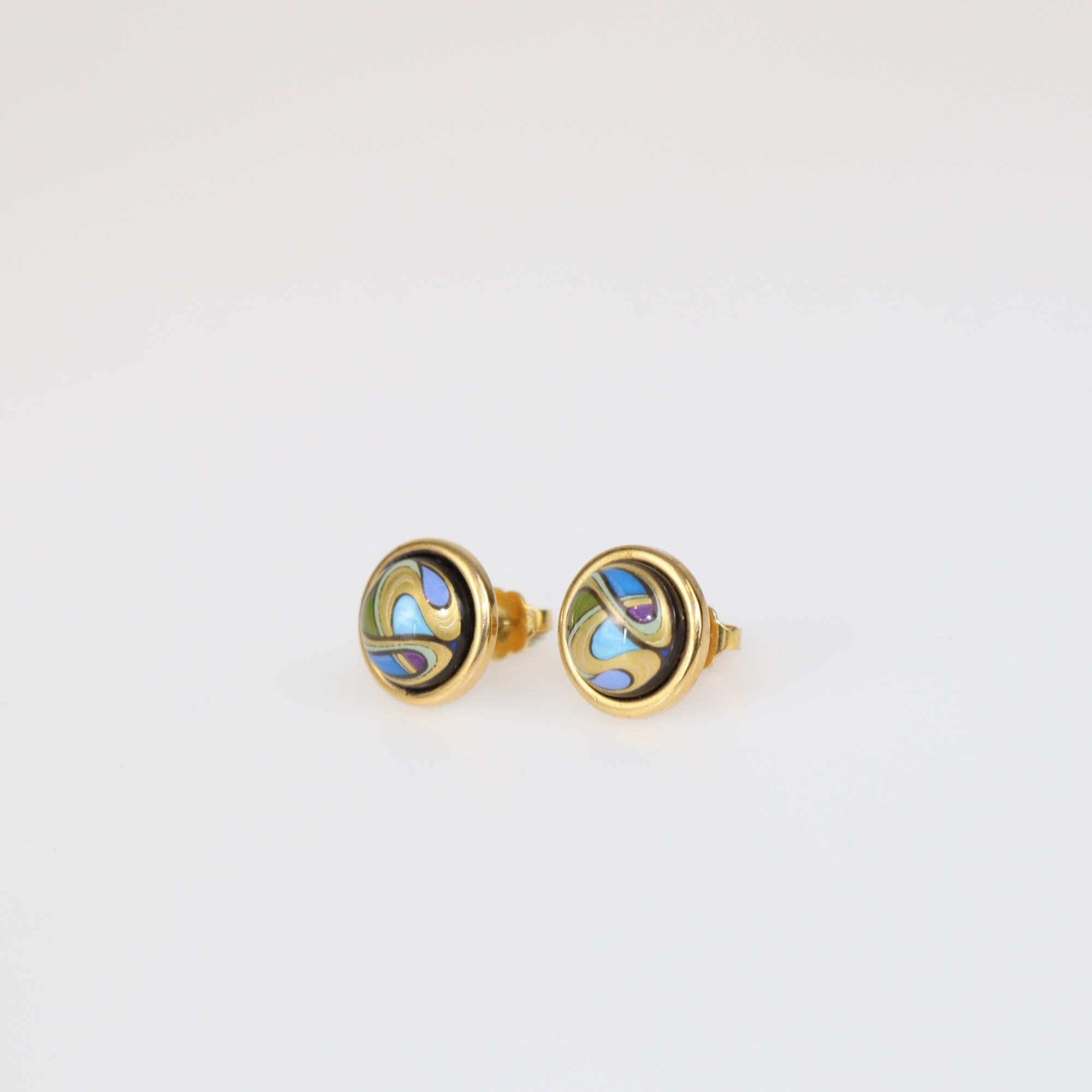 Frey Wille Hommage à Alphonse Mucha Sarah Bernhardt Aquamarin Gold Plated Fire Enamel Cabuchon Stud Earrings