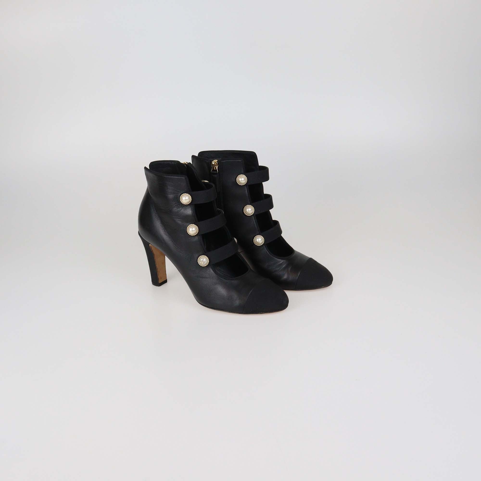 Chanel Black Leather Faux Pearl Embellished Cap Toe Ankle Length Boots