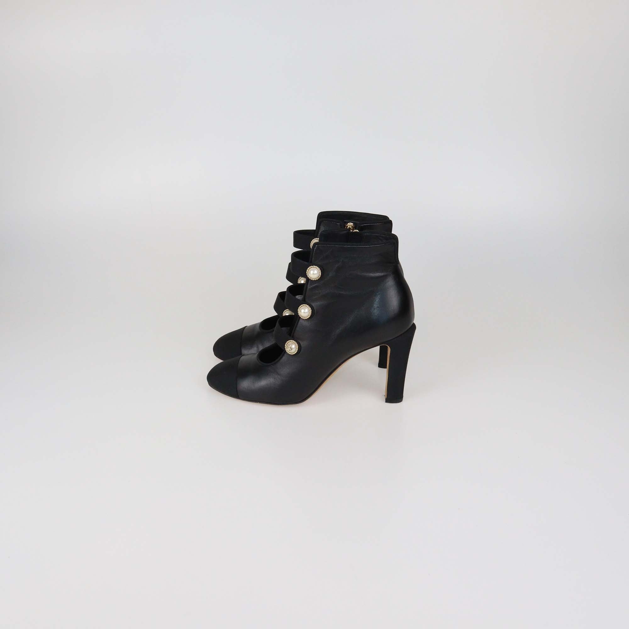 Chanel Black Leather Faux Pearl Embellished Cap Toe Ankle Length Boots