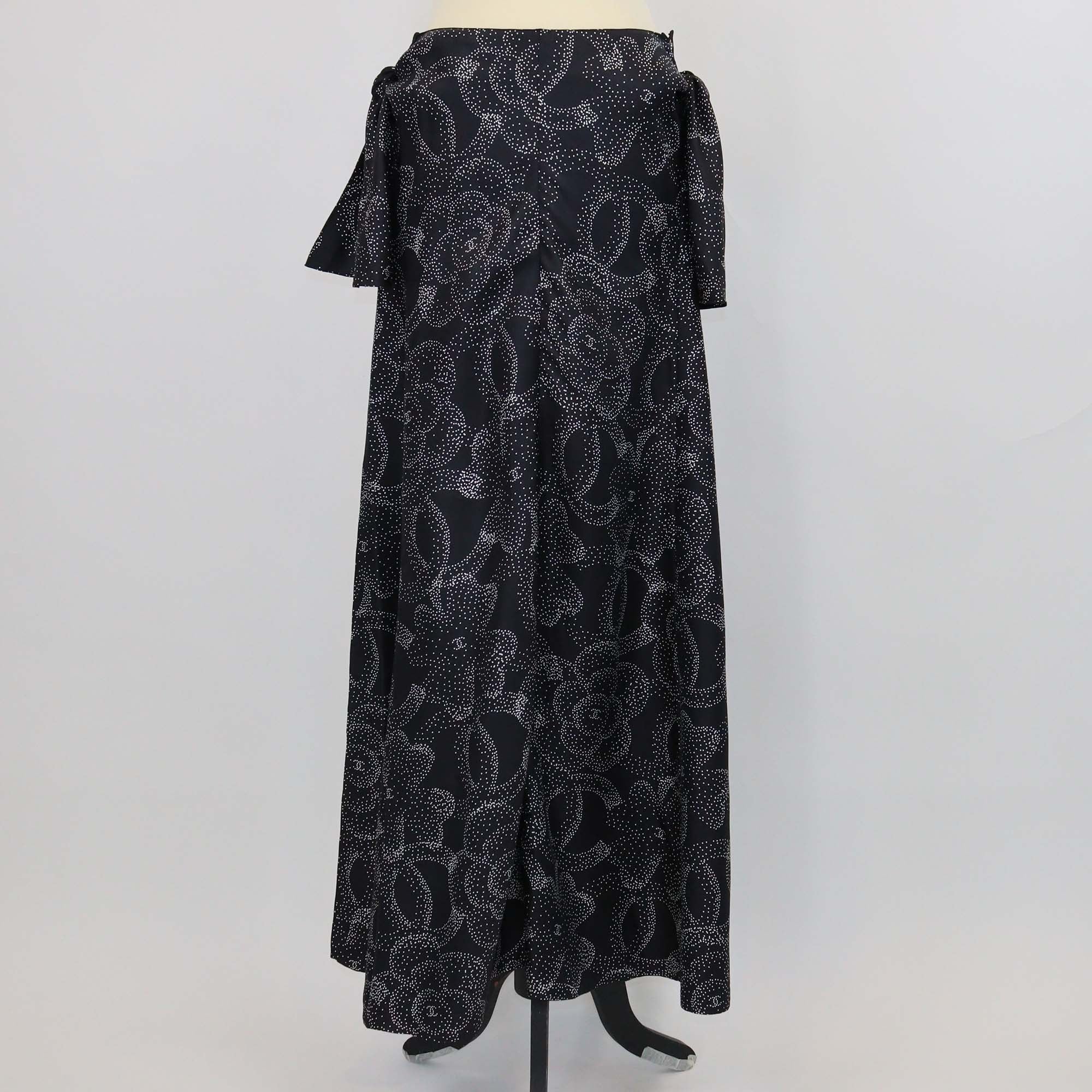 Chanel Black/White Silk Dotted Camillia Slit Maxi Dress