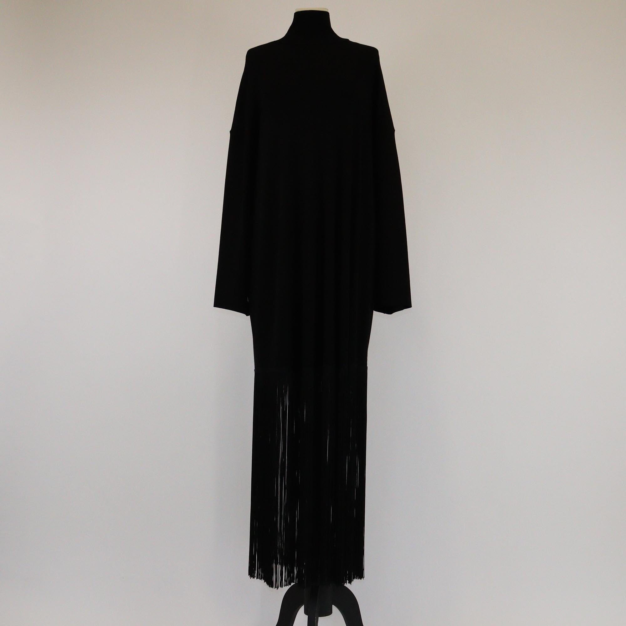 Balenciaga Black Rib Knit Mock Neck Long Sleeve Fringed Detailed Dress Womens Balenciaga