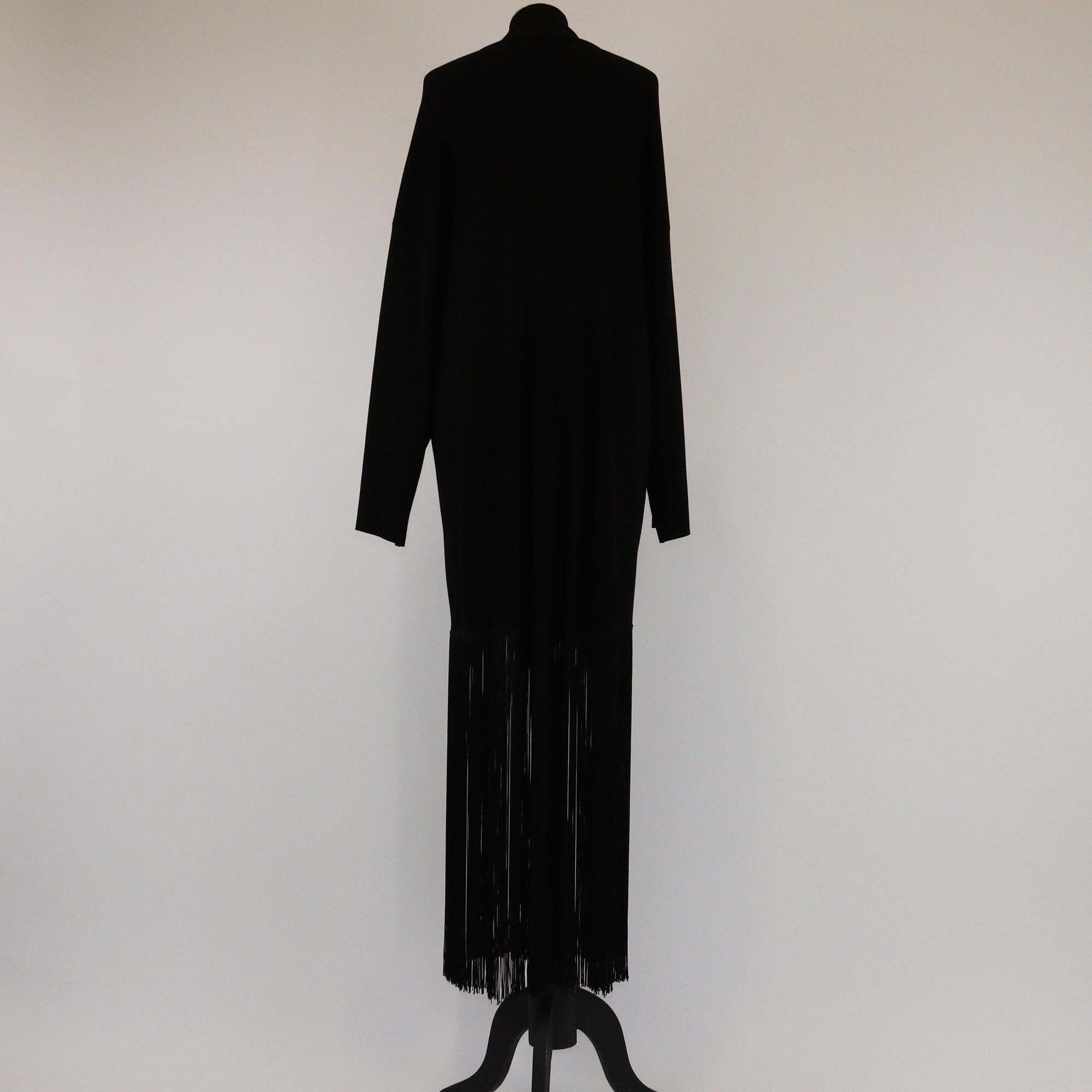 Balenciaga Black Rib Knit Mock Neck Long Sleeve Fringed Detailed Dress Womens Balenciaga