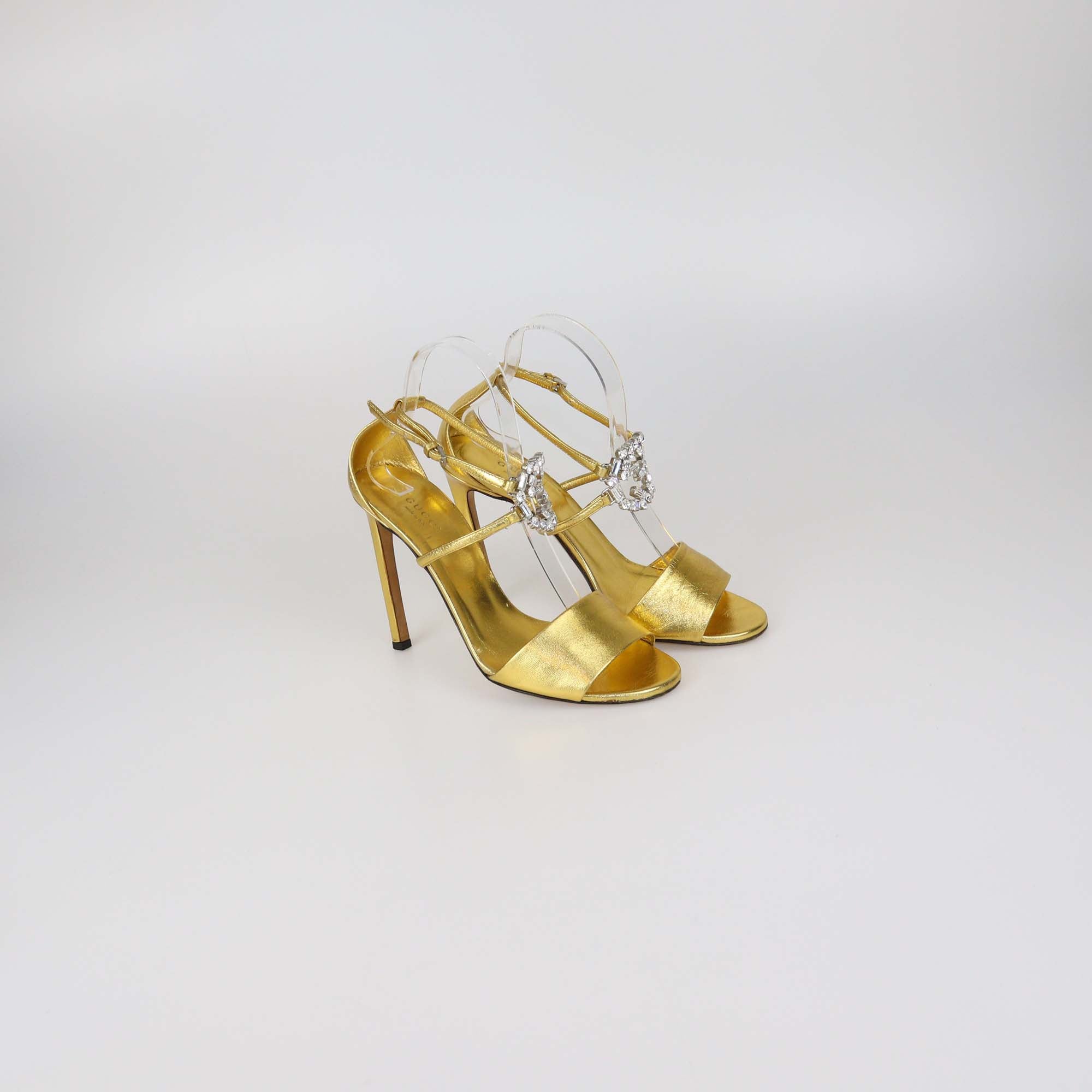 Gucci Gold Leather Crystal Interlocking G Ankle Strap Sandals
