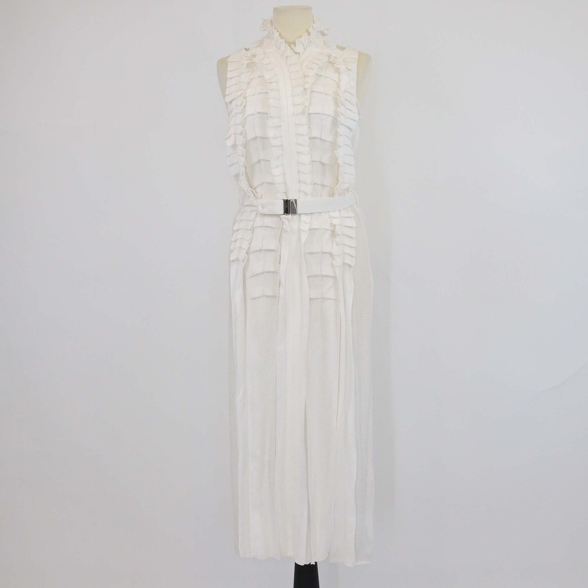 Hermes Off White Silk Ruffled Cocarde belted Halter Neck Midi Dress