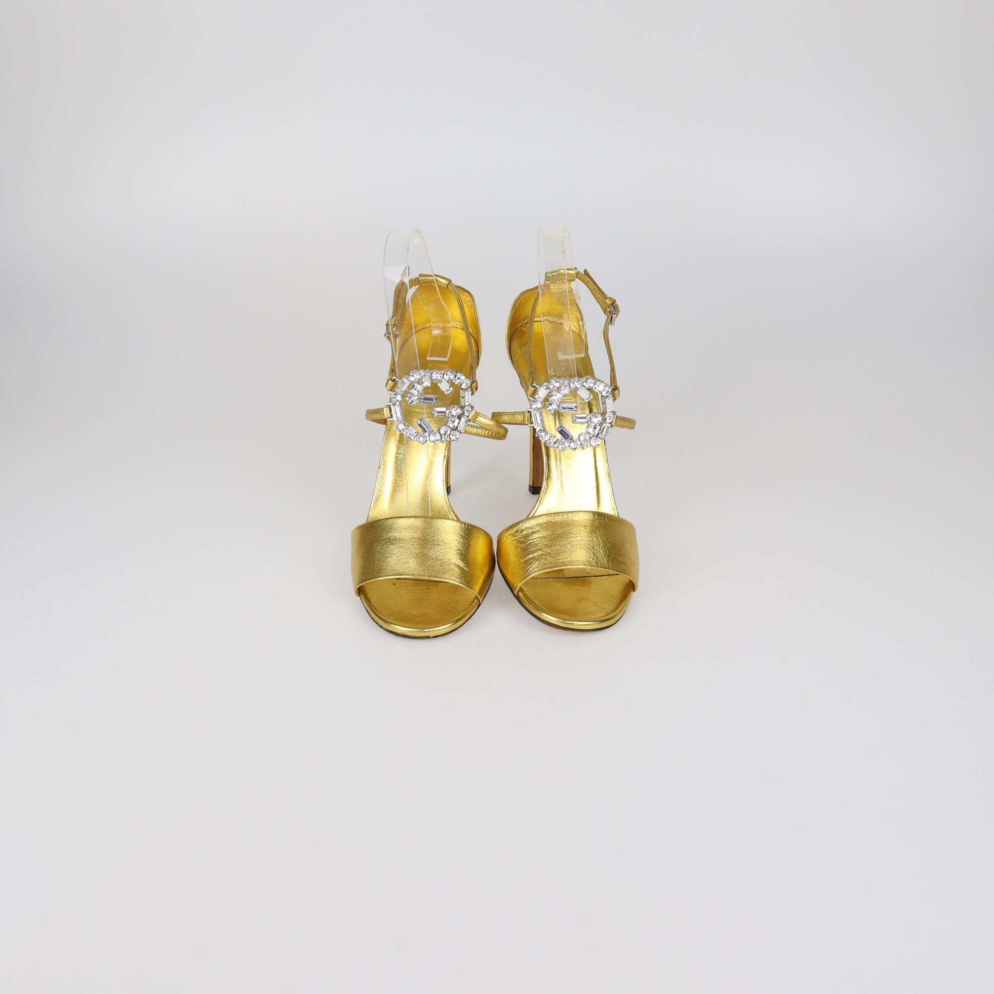 Gucci Gold Leather Crystal Interlocking G Ankle Strap Sandals
