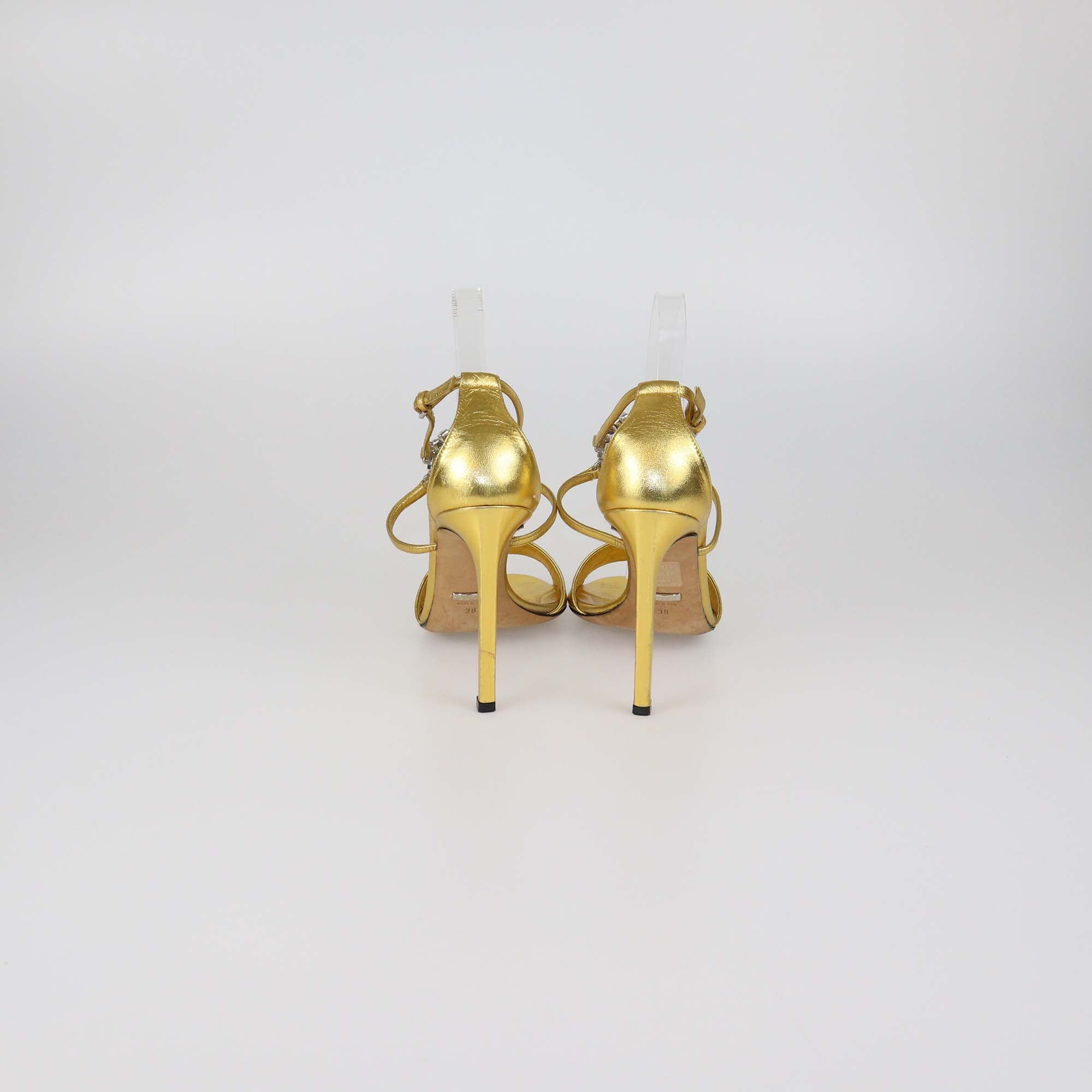 Gucci Gold Leather Crystal Interlocking G Ankle Strap Sandals