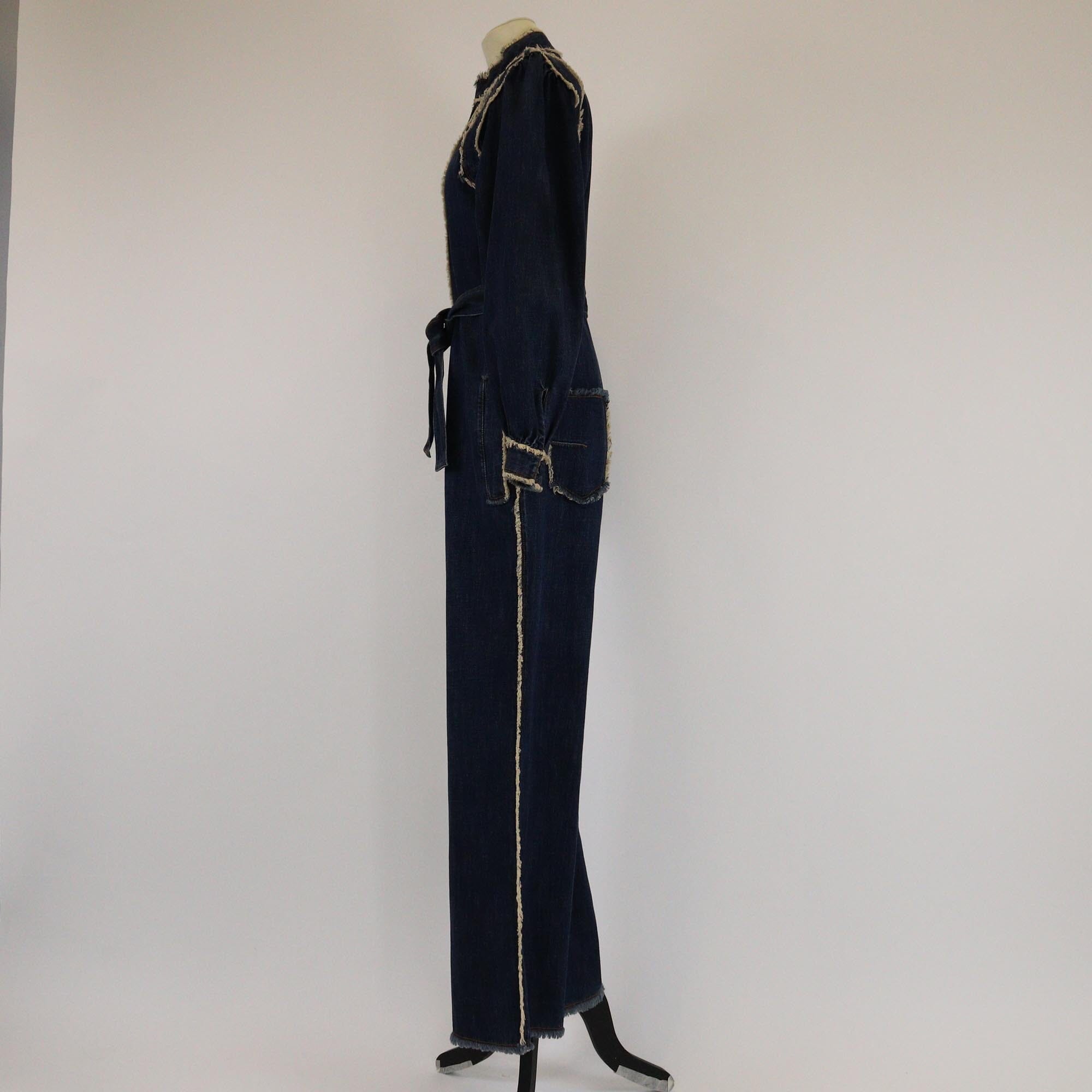 Christian Dior Dark Blue Denim Zip Front Belted Jumpsuit Womens Christian Dior