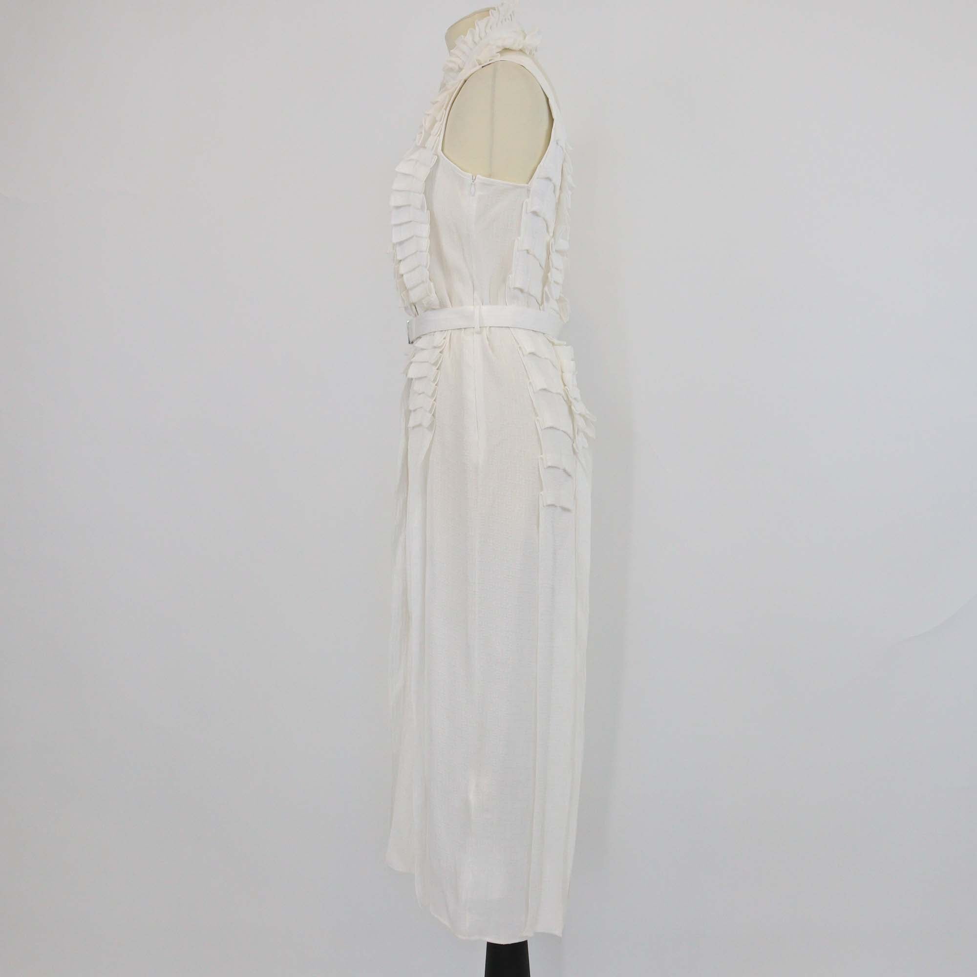 Hermes Off White Silk Ruffled Cocarde belted Halter Neck Midi Dress