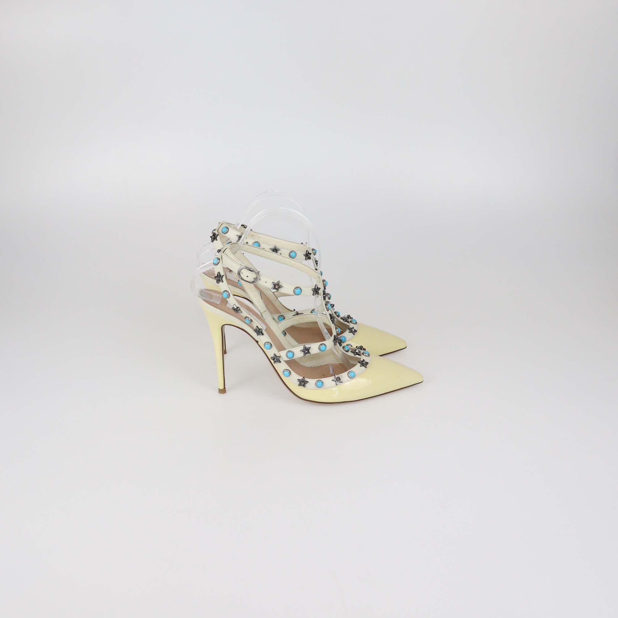 Valentino Cream/White Patent Leather Rolling Rockstud Caged Pumps