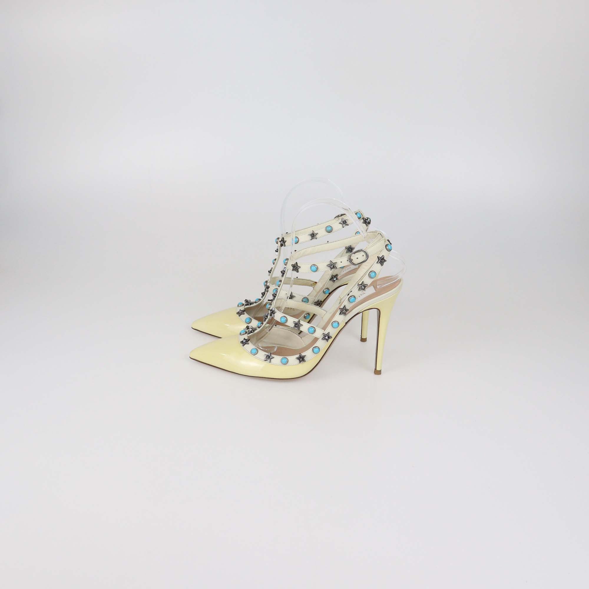 Valentino Cream/White Patent Leather Rolling Rockstud Caged Pumps
