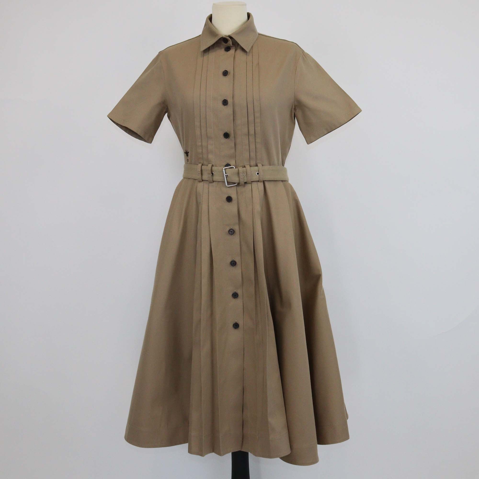 Christian Dior Brown Blend Cotton Pleated Belted Midi Dress
