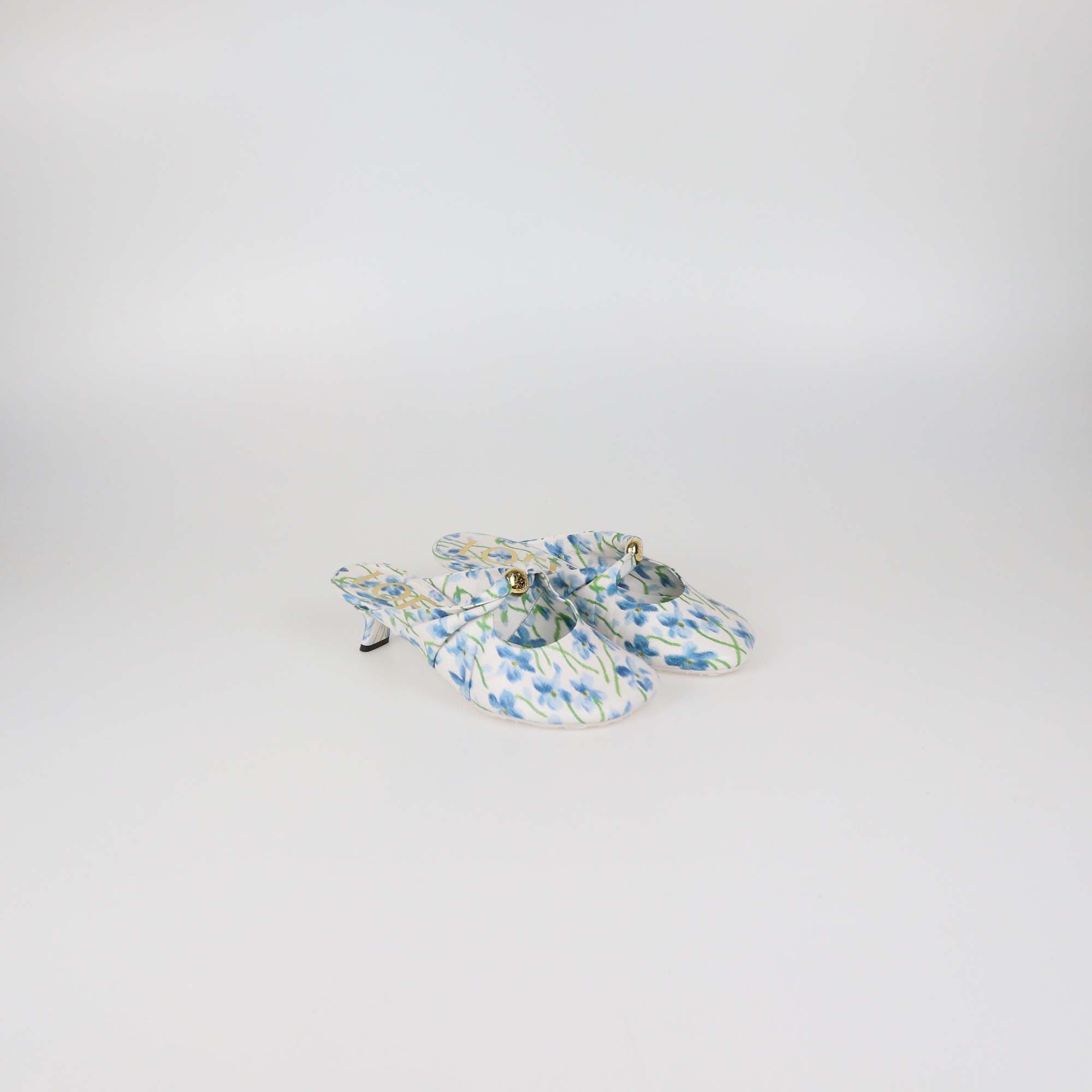 Loewe White/Blue Floral Printed Leather Pebble Soft 45 Mules