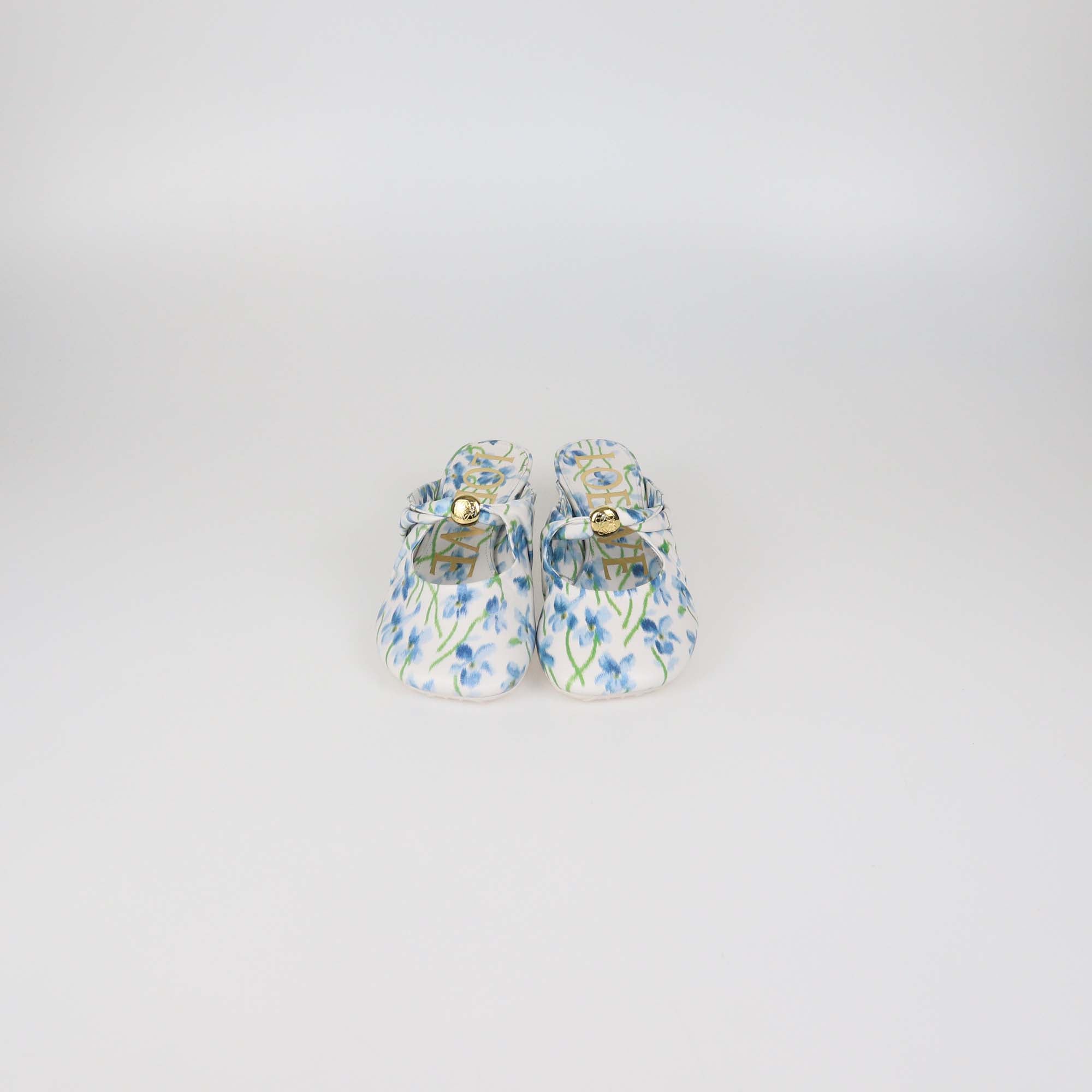 Loewe White/Blue Floral Printed Leather Pebble Soft 45 Mules