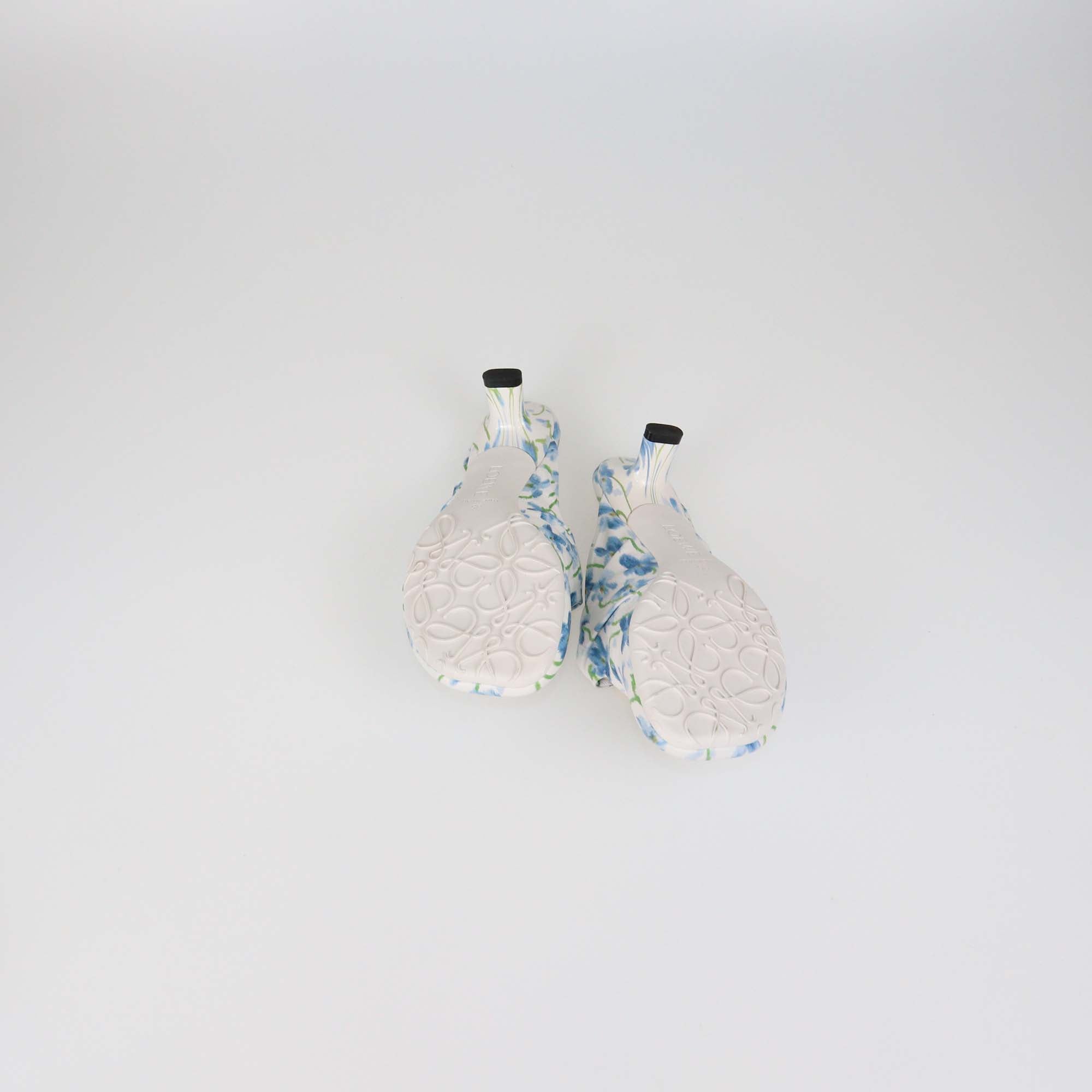 Loewe White/Blue Floral Printed Leather Pebble Soft 45 Mules