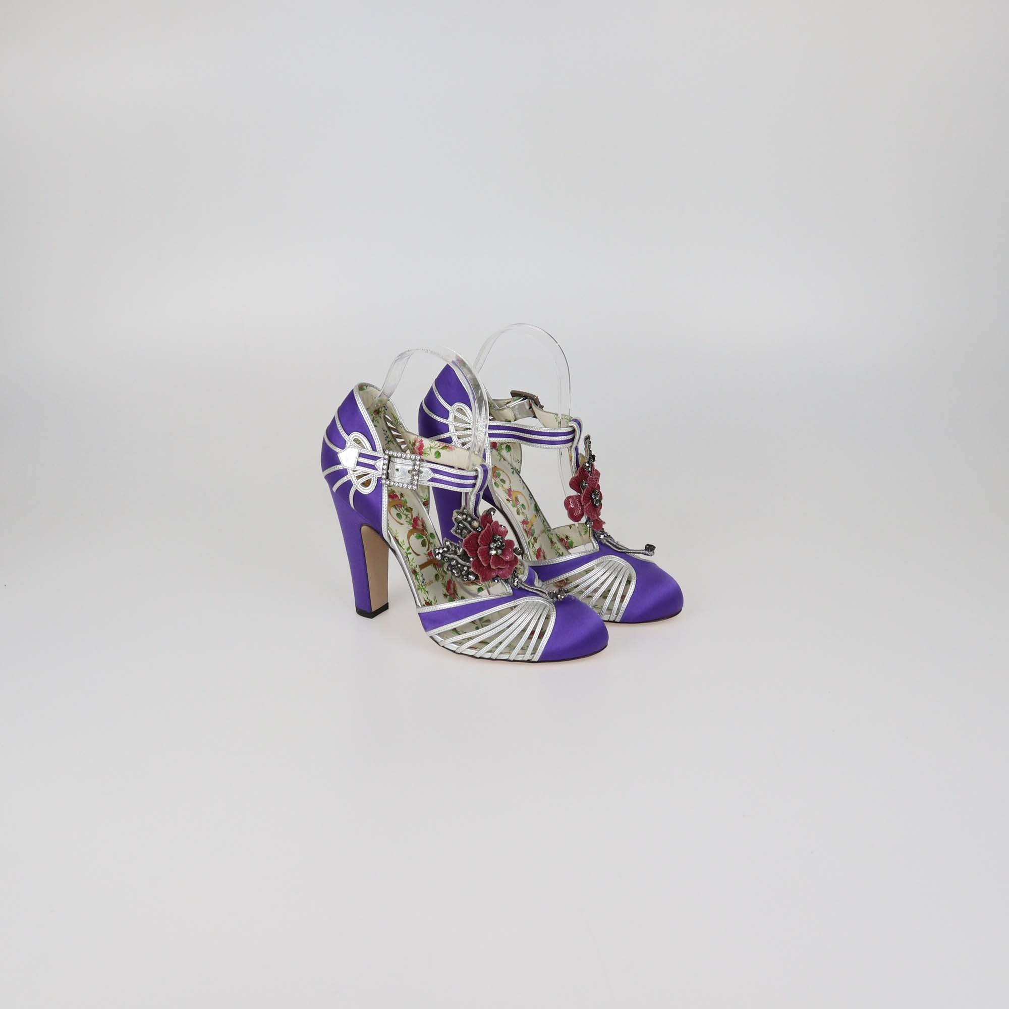 Gucci Purple/Silver Satin and Leather Flower Embellished T Strap Pumps