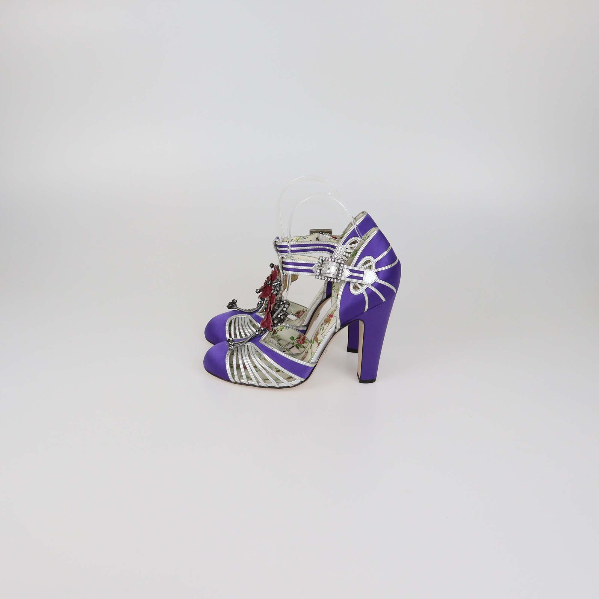 Gucci Purple/Silver Satin and Leather Flower Embellished T Strap Pumps