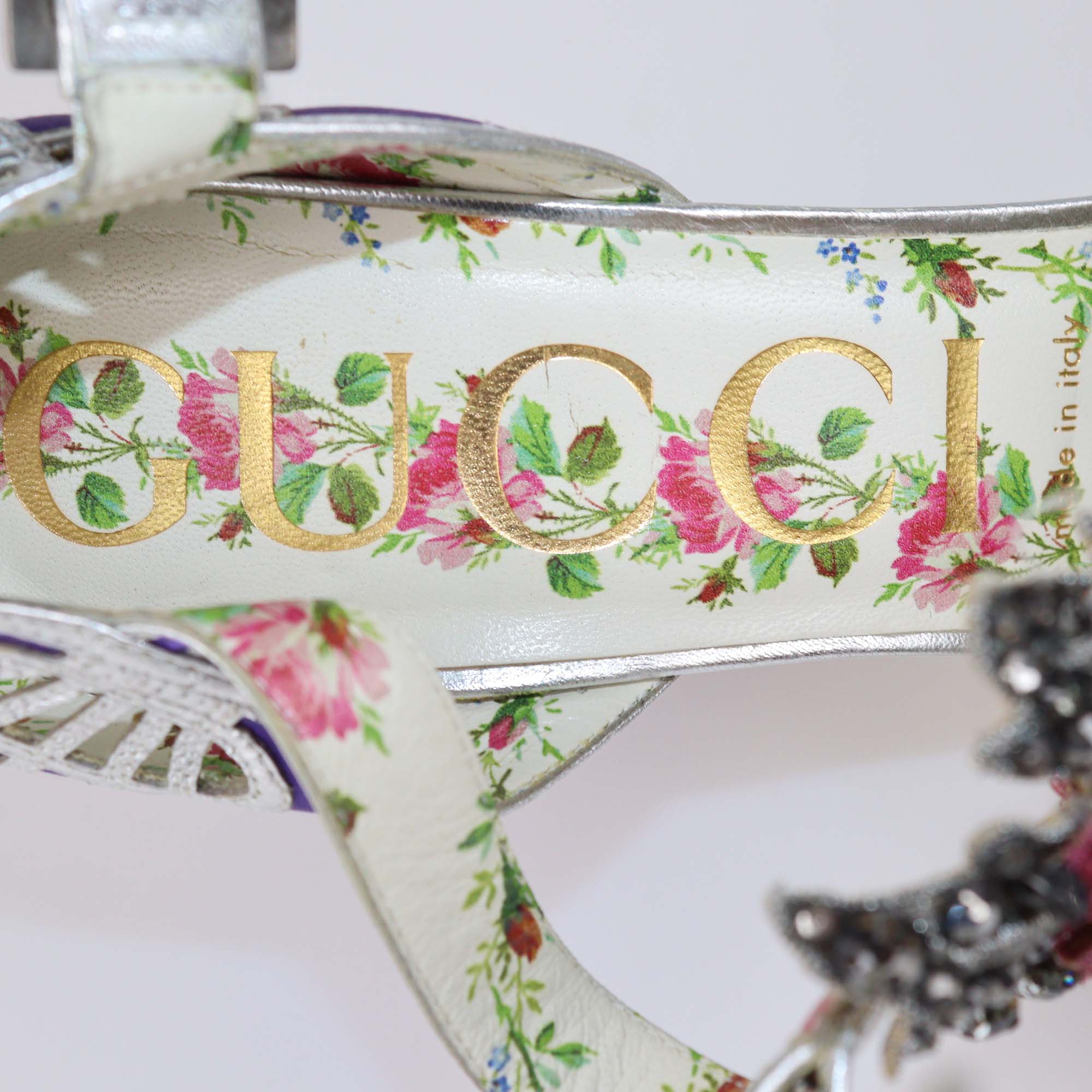 Gucci Purple/Silver Satin and Leather Flower Embellished T Strap Pumps